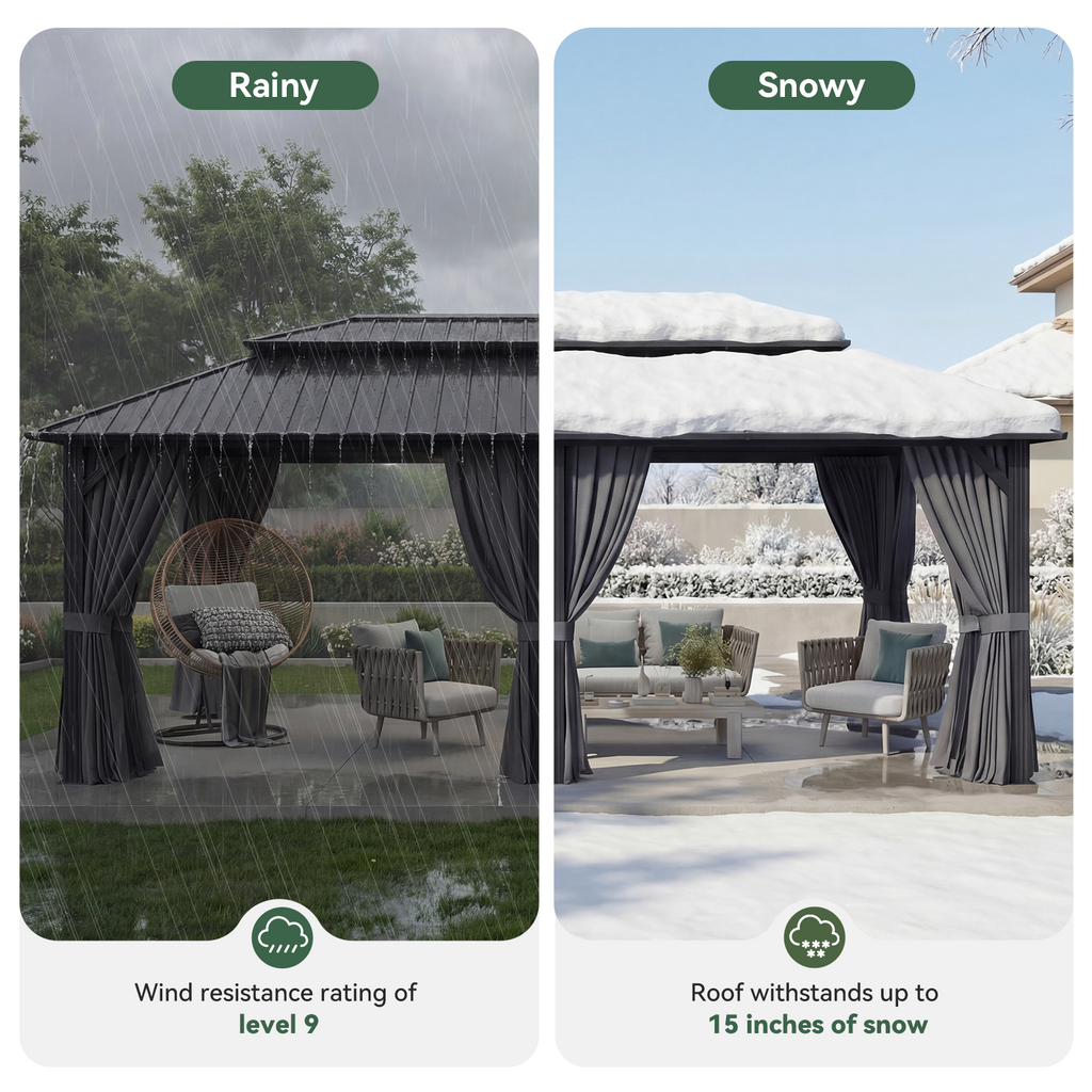 BinpLax 20x12FT Outdoor Gazebo - Hardtop Pergolas for Patios with Curtains and Netting Included, Permanent Gazebo Pavilion with Double Galvanized Steel Roof for Party, Outdoor Dining, Wedding, Gray