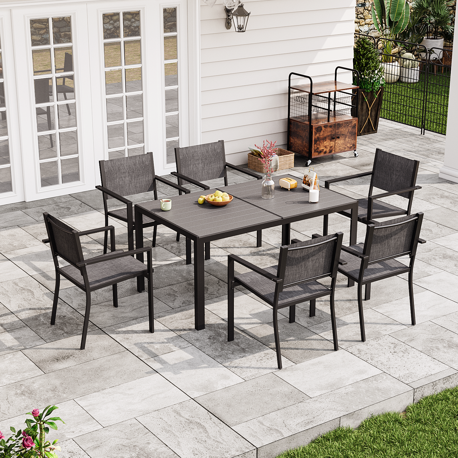 Aoxun 7-Piece Patio Table and Chairs Set for 6, All Weather Outdoor Dining Set with 6 Textilene Chairs and 1 Rectangular Metal Table, Patio Dining Sets for Backyard, Garden and Poolside