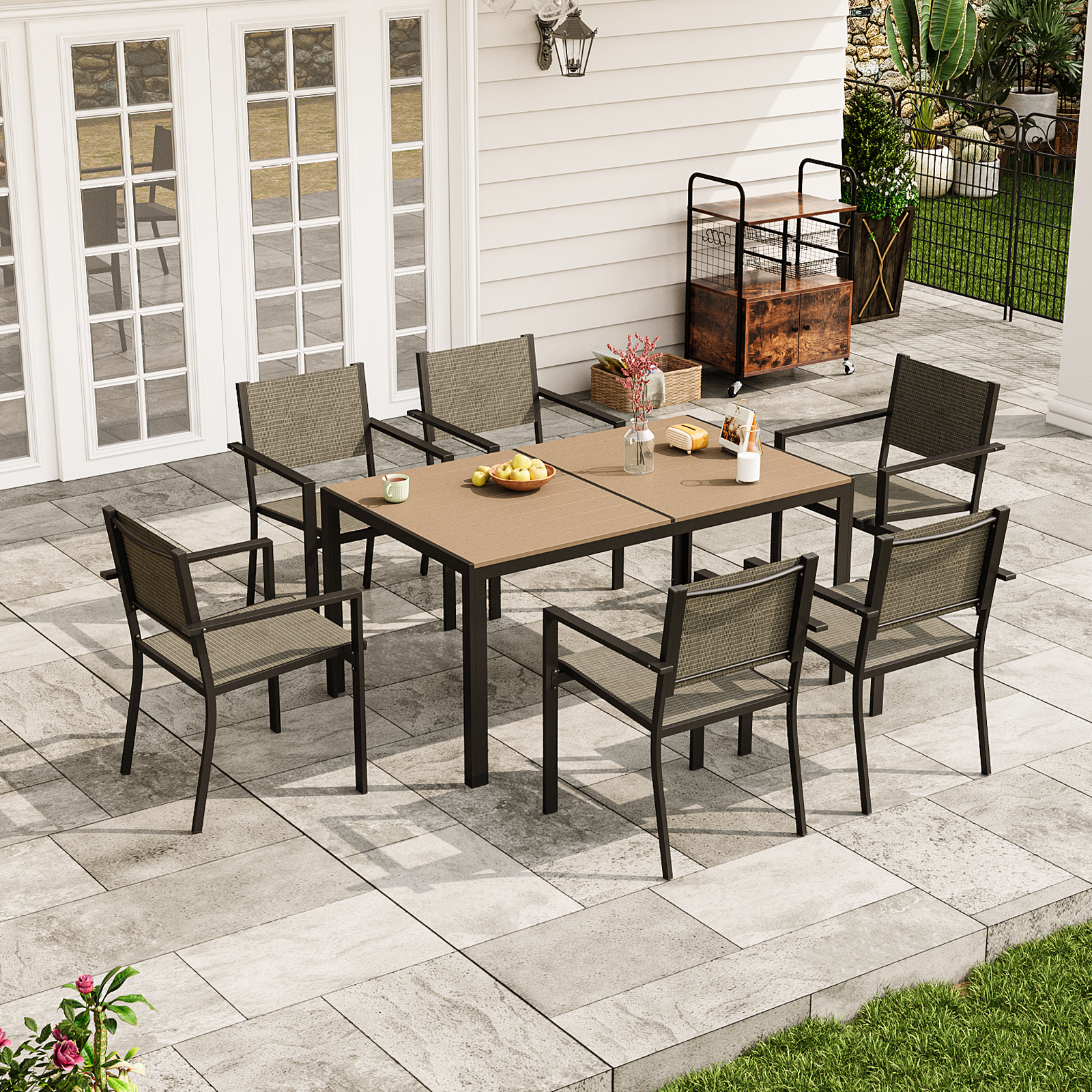 Aoxun 7-Piece Patio Table and Chairs Set for 6, All Weather Outdoor Dining Set with 6 Textilene Chairs and 1 Rectangular Metal Table, Patio Dining Sets for Backyard, Garden and Poolside