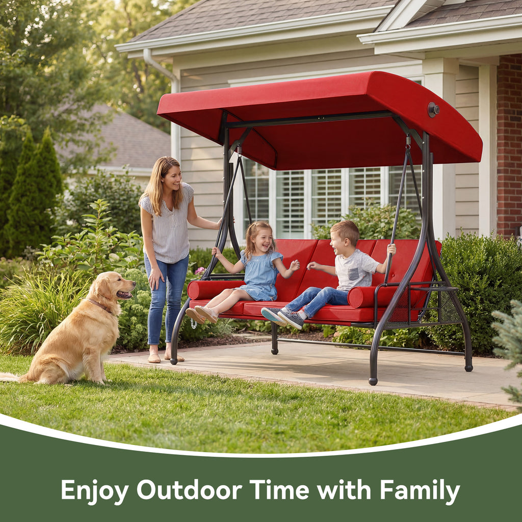 Aoxun Outdoor Porch Swing with Stand and Canopy, 3 Seats Outdoor Swings for Adults, Convertible 2 in 1 Swing Bed with Cup Holder, Patio Swings with Thicken Cushions for Garden, Yard & Balcony
