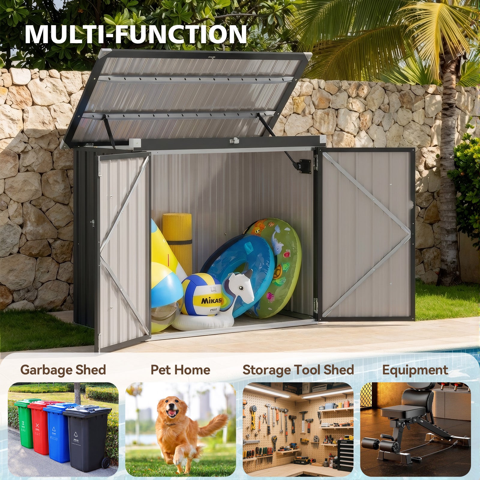 50 Cu. Ft Outdoor Trash Can Shed with Pneumatic Support Rod, 5x2.6 Ft Outdoor Storage Shed w/Lockable Doors & Waterproof Lid Chain,Ideal for 2 Trash Bins for Patio/Garden/Backyard