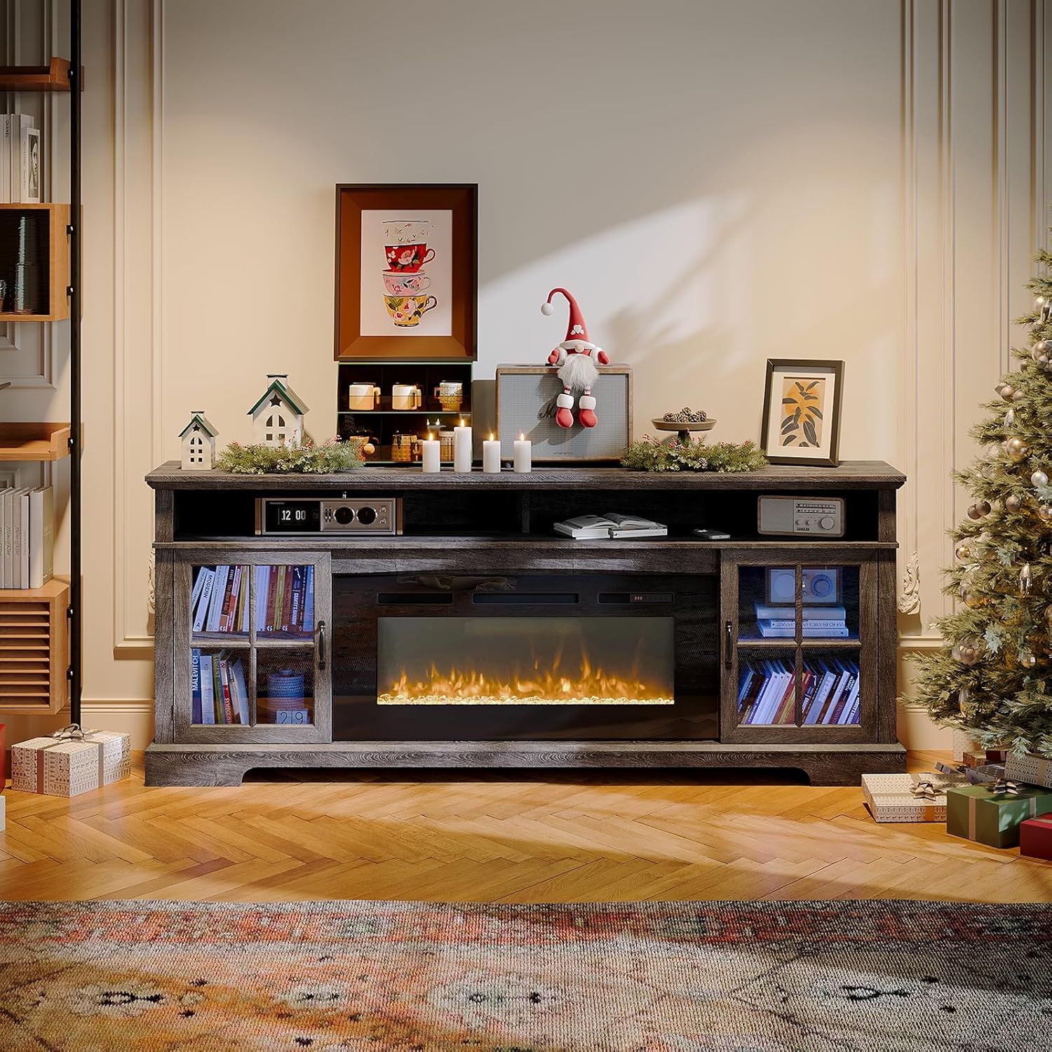 Nordivale 70" Fireplace TV Stand, Modern Entertainment Center for TVs Up to 80”, TV Console with Storage Cabinets, Media Console for Living Room, Gray...