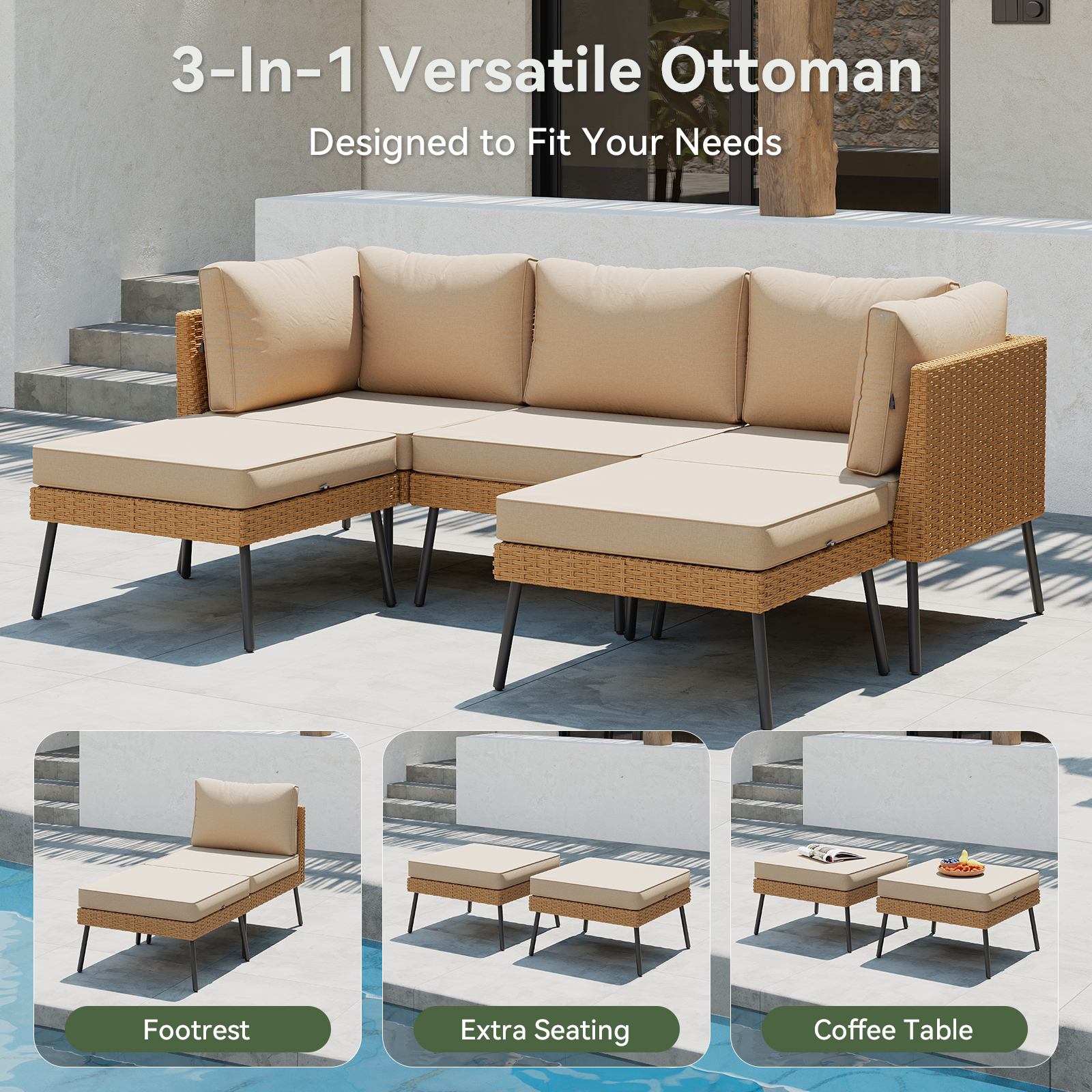 Aoxun 8 Piece Patio Furniture Set, 8 Seats Outdoor Sectional Sofas with Thick Cushion, Wicker Outdoor Patio Furniture Set with Ottomans for Party, Garden, Backyard