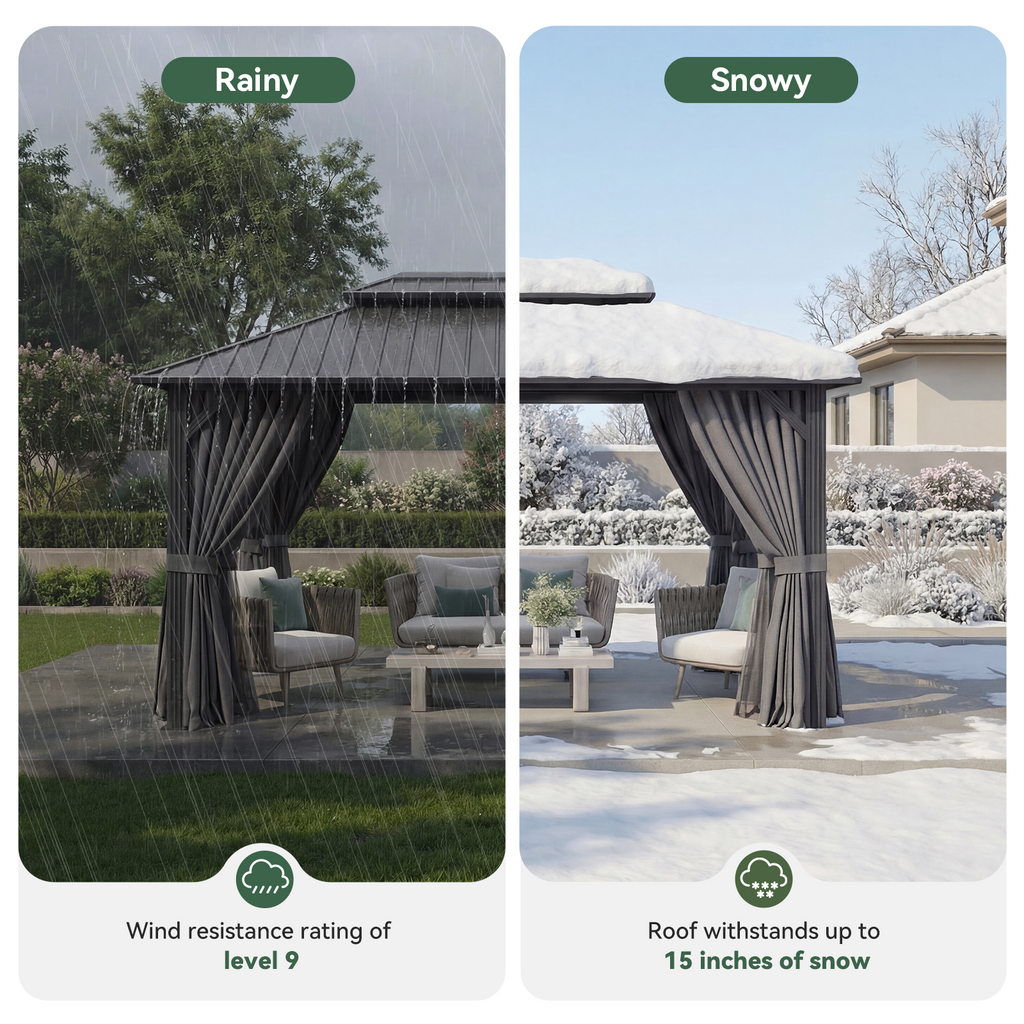 BinpLax 14x10FT Outdoor Gazebo - Hardtop Pergolas for Patios with Curtains and Netting Included, Permanent Gazebo Pavilion with Double Galvanized Steel Roof for Party, Outdoor Dining, Wedding, Gray