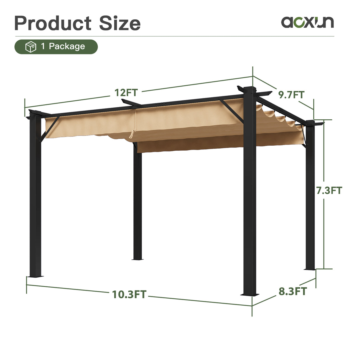 Aoxun 10x12 Outdoor Retractable Pergola with Upgraded Adjustable Canopy Sliding Canopy | Powder-Coated Metal Frame | UV/Water-Resistant PA Canopy | Free-Standing Design | Brown