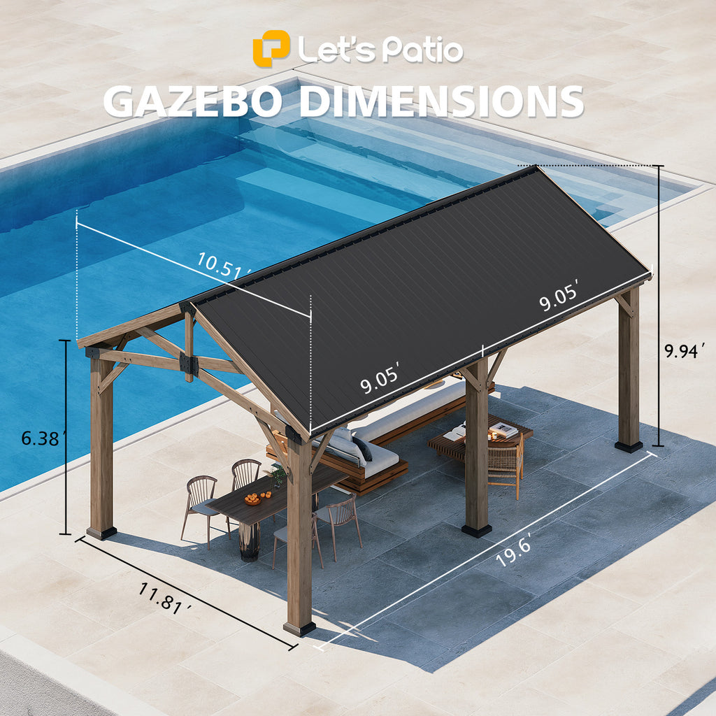 LET'S PATIO Wood Gazebo 12x20 Hardtop Gazebo with Gable Roof & Power Outlet Cedar Wood Permanent Pavilion with 4.7" Thickened Posts & Sturdy Hooks, Heavy Duty Outdoor Gazebo for Backyard, Garden, Deck