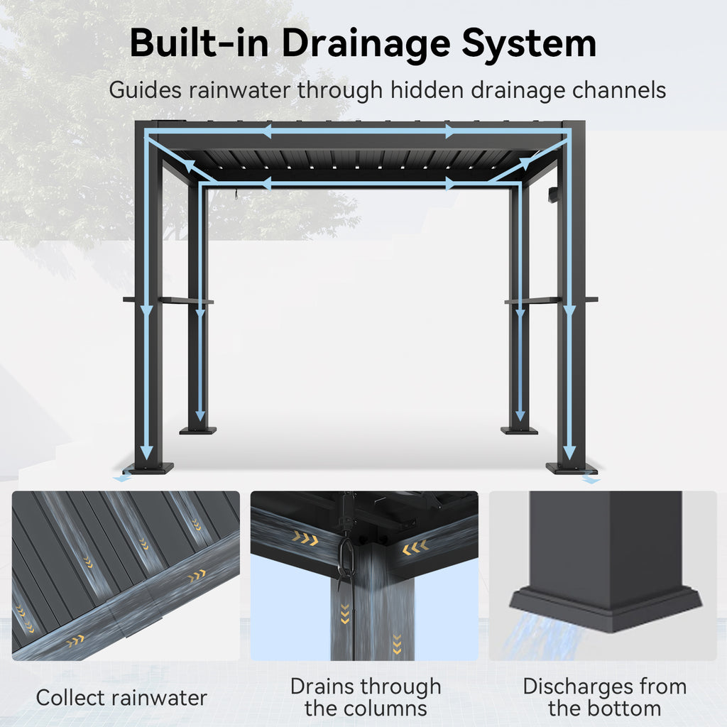 Aoxun 8x5 Grill Pergola, Louvered Pergola with 2 Side Shelves, Gray，Adjustable Louvered Roof 0-90° | Hidden Drainage System | Galvanized Steel Frame | Outdoor BBQ Station | 3.8" Thick Posts