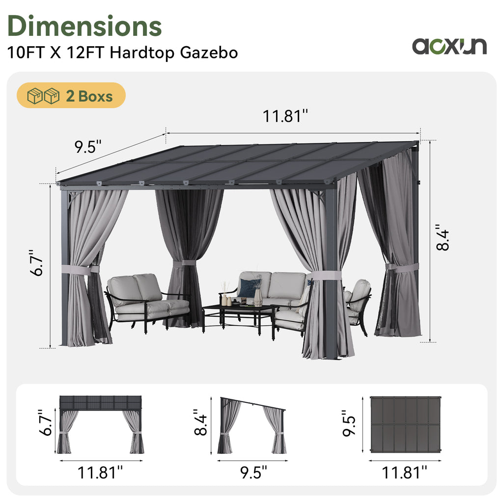 Aoxun 10'x12' Lean to Gazebo with Mosquito Net and Curtains, Aluminum Frame, Polycarbonate Panel, Wall Mounted Pergola with Sloped Roof for Backyard, Porch, Deck, Gray