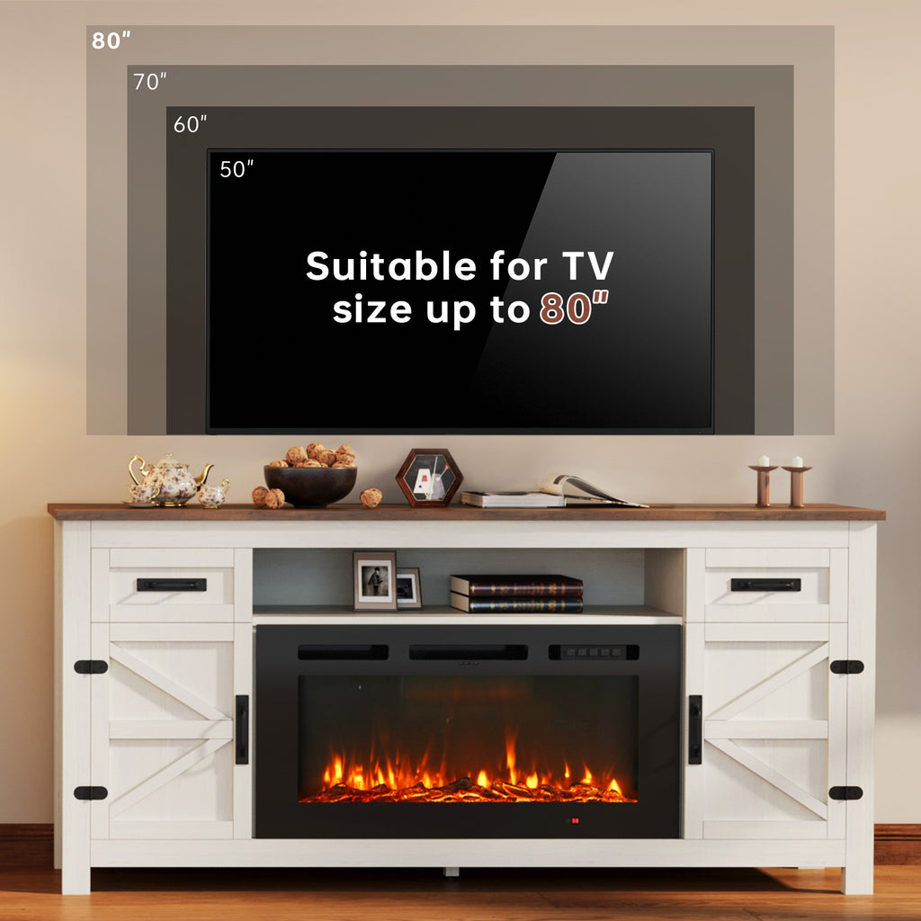 Nordivale Fireplace TV Stand with Barn Door for TVs up to 80", Farmhouse 70" Fireplace Entertainment Center with Storage Cabinets, White & Black