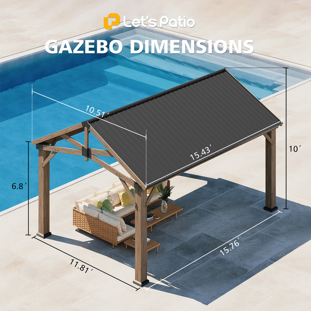Wood Gazebo 12x16 Hardtop Gazebo with Gable Roof & Power Outlet Cedar Wood Permanent Pavilion with 4.7" Thickened Posts & Sturdy Hooks, Heavy Duty Outdoor Gazebo for Backyard, Garden, Deck