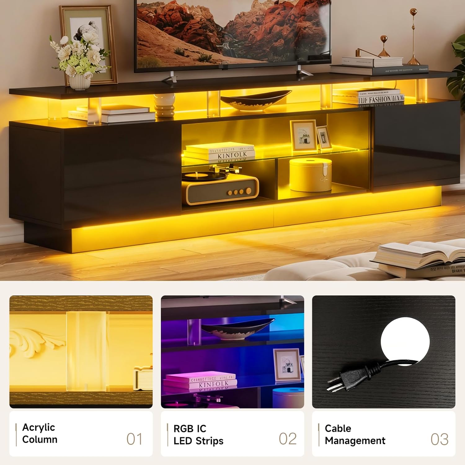 Nordivale 80” High-Glossy TV Stand with 2 Side Cabinets, Storage Entertainment Center, Modern Stylish TV Console with 3 Layer LED Lights&Power Outlets,Remote&APP Control for Living Room Use Black