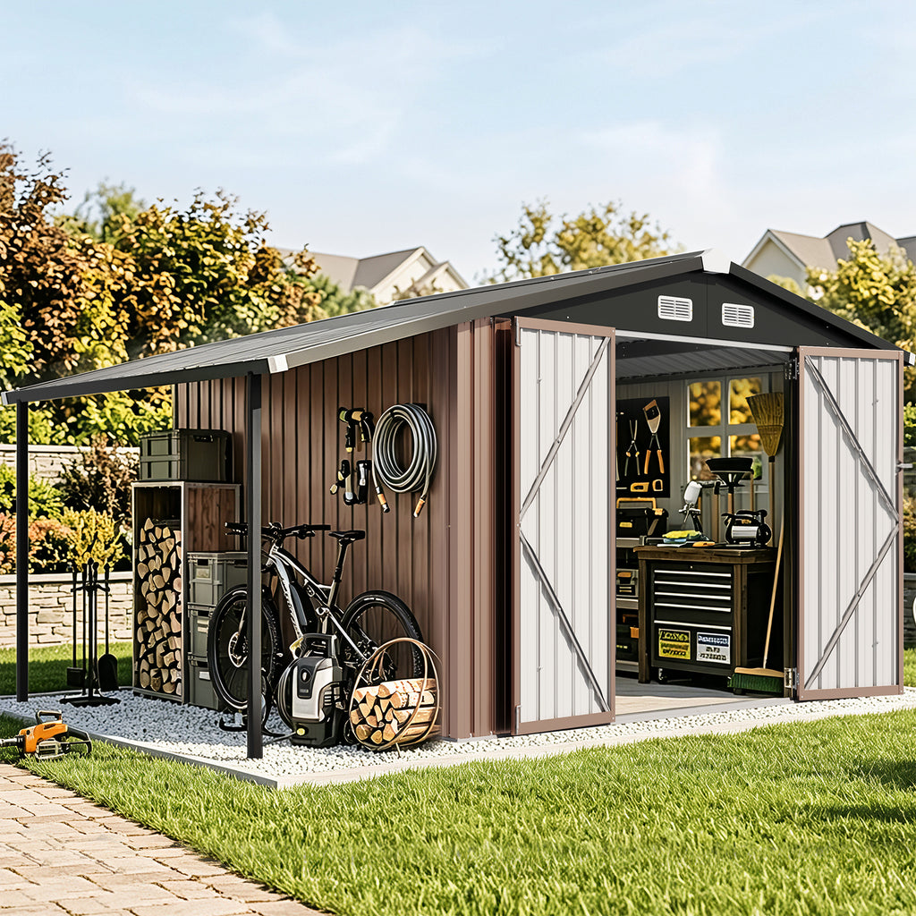 Aoxun 8x12 FT Outdoor Storage Shed Metal Sheds with Open Firewood Storage,Galvanized Steel Garden Shed with Lockable Doors,Sloped Roof,Windows, 2 in 1 Large Tool Shed for Patio, Backyard, Lawn (Brown)