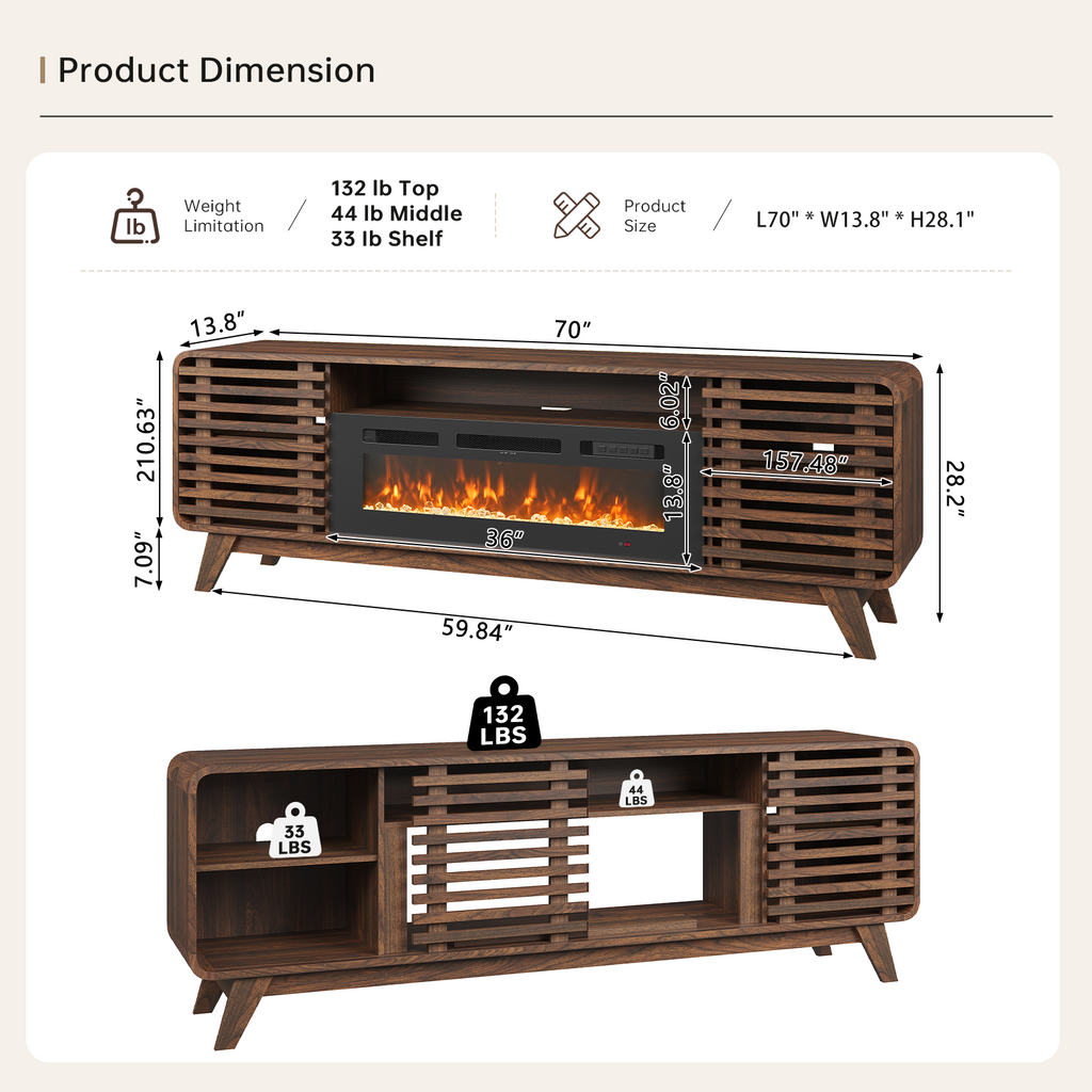 Fireplace TV Stand for 80” TVs, Mid Century Modern Entertainment Center with 36" Electric Fireplace and Led Lights, Wood Media Console with Slatted Sliding Doors, for Living Room, Walnut