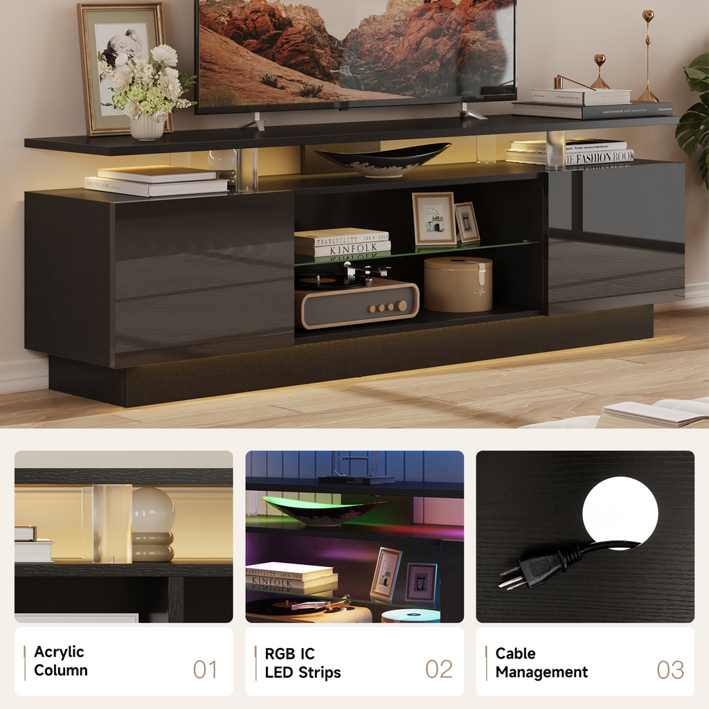 Nordivale 70” High-Glossy TV Stand with 2 Side Cabinets, Modern Stylish TV Console with 3 Layer LED Lights,Gaming TV Media Console with Adjustable Glass Shelf, Remote&APP Control, Black