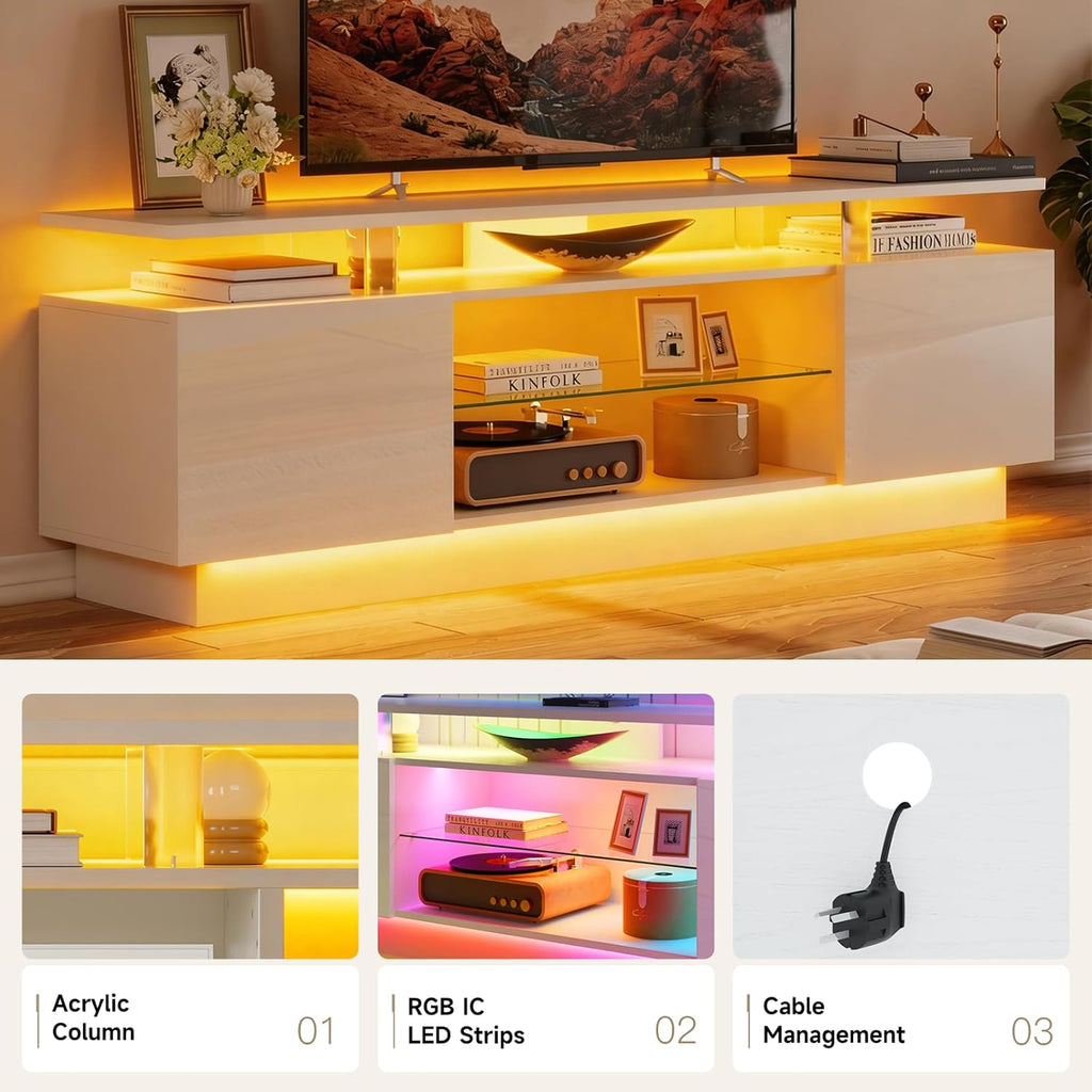 Nordivale 70” High-Glossy TV Stand with 2 Side Cabinets, Modern Stylish TV Console with 3 Layer LED Lights,Gaming TV Media Console with Adjustable Glass Shelf, Remote&APP Control, White