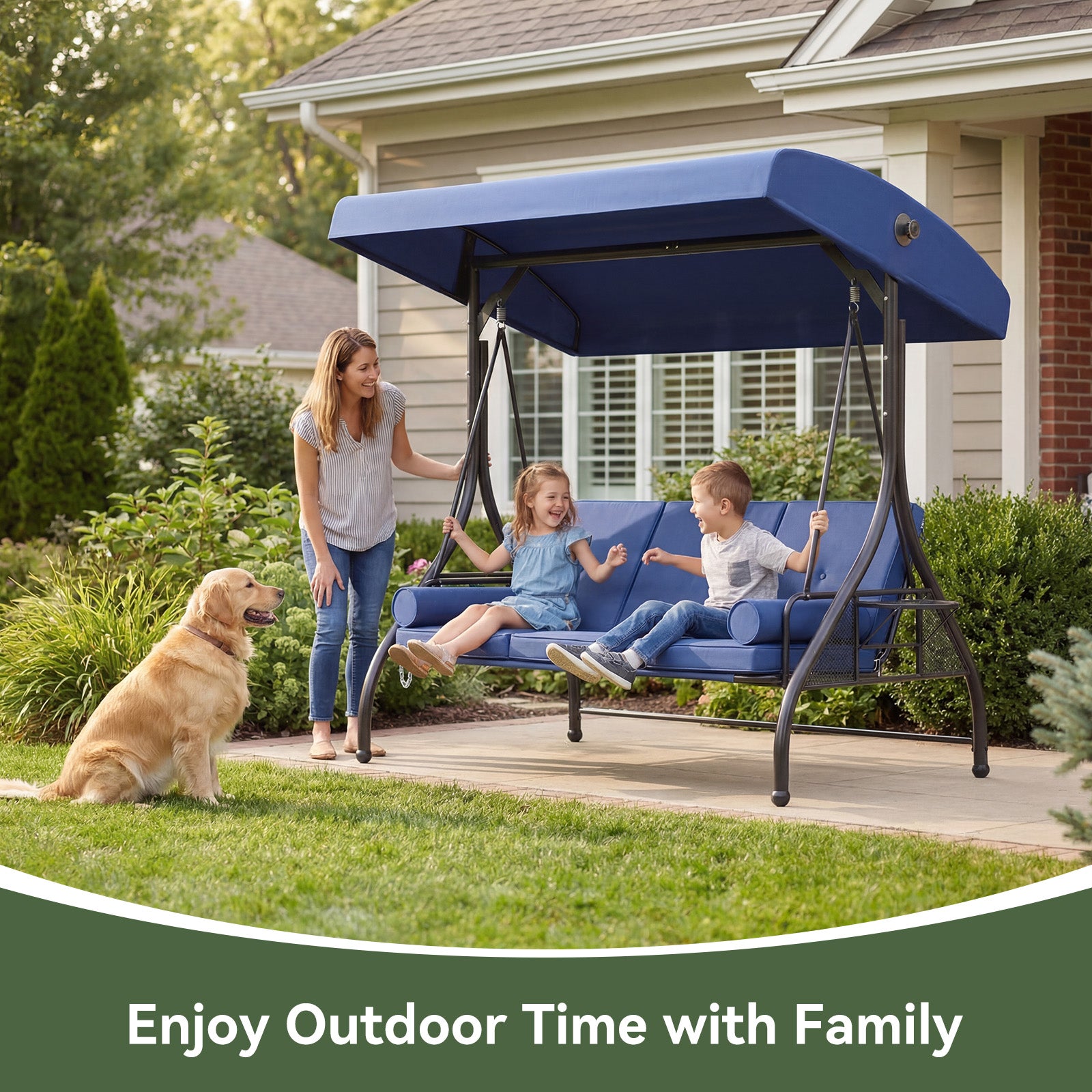 Aoxun Outdoor Porch Swing with Stand and Canopy, 3 Seats Outdoor Swings for Adults, Convertible 2 in 1 Swing Bed with Cup Holder, Patio Swings with Thicken Cushions for Garden, Yard & Balcony