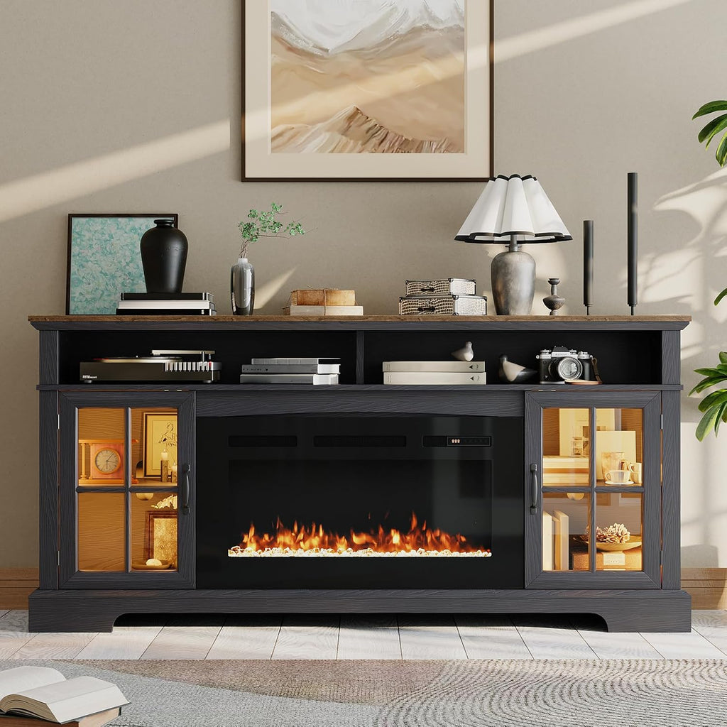 Nordivale 70" Fireplace TV Stand, Farmhouse Entertainment Center for TVs Up to 80”, TV Console with Storage Cabinets, Media Console for Living Room, Black TV Stand and Black Fireplace
