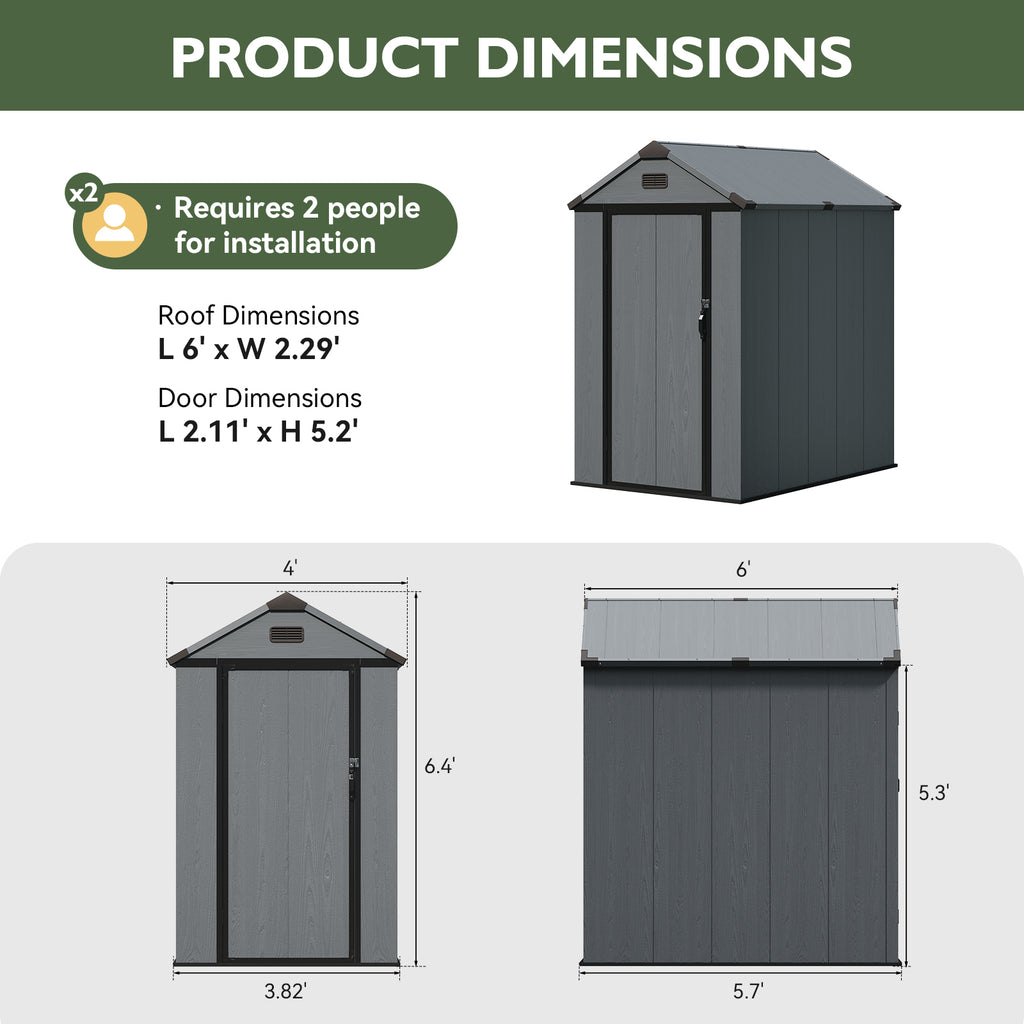 Aoxun 4×6 FT Outdoor Storage Shed, Resin Shed with Reinforced Floor, All-Weather Plastic Tool Storage with Lockable Door, Window & Vents for Garden, Patio, Bike & Garbage Can, Dark Gray