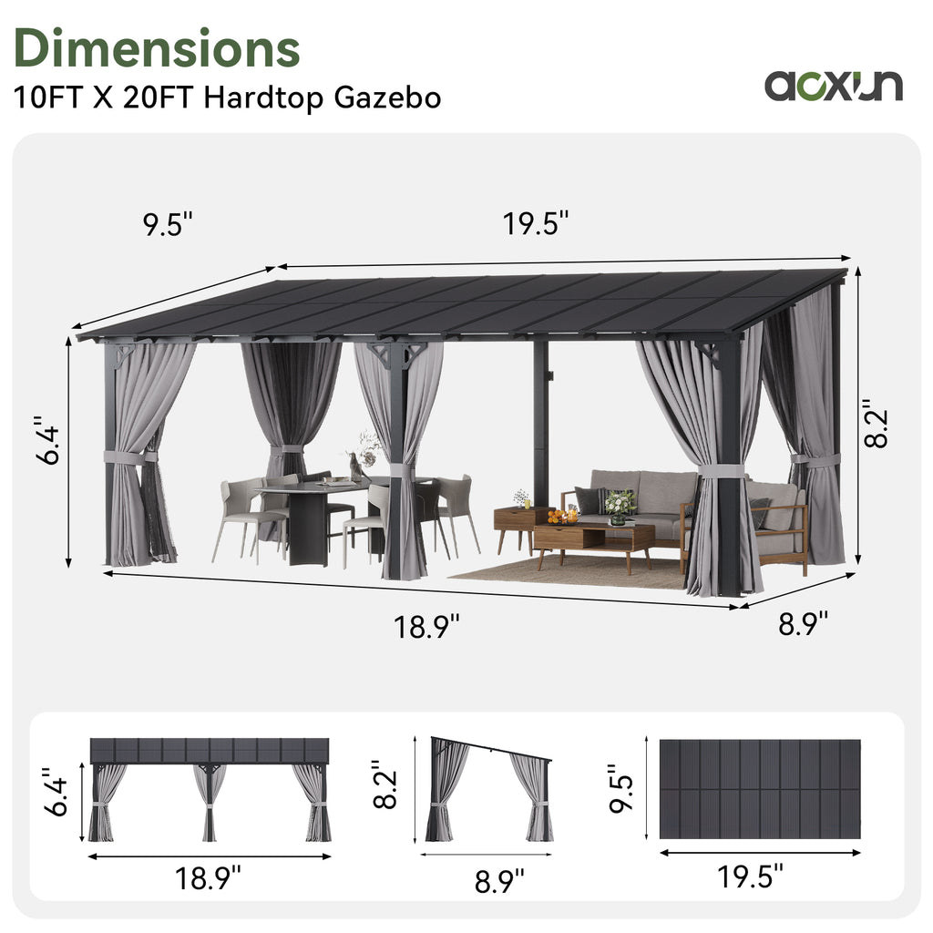 Aoxun 10'x20' Lean to Gazebo with Mosquito Net and Curtains, Aluminum Frame, Polycarbonate Panel, Wall Mounted Pergola with Sloped Roof for Backyard, Porch, Deck, Gray