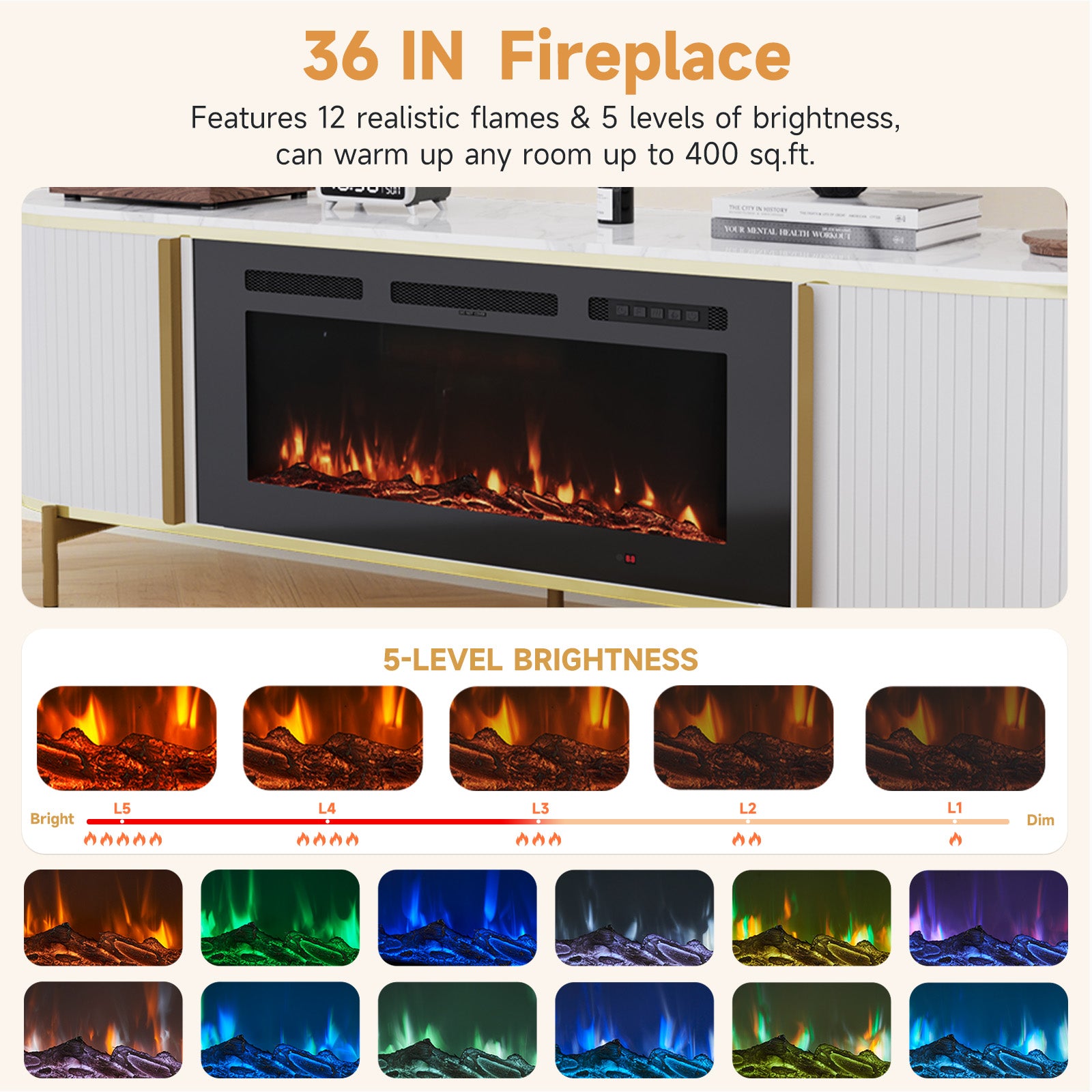 70" Fluted Fireplace TV Stand, Modern Entertainment Center for TVs Up to 80”, Farmhouse White TV Console for Living Room, White TV Stand and Black Fireplace