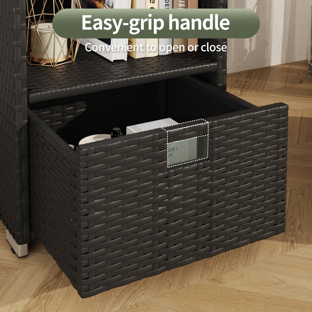 SunSwell Rattan Outdoor Pool Towel Rack Cabinet, Wicker Pool Storage Bins Storage Organizer, 2 Layer Shelf Hot Tub Spa Accessories