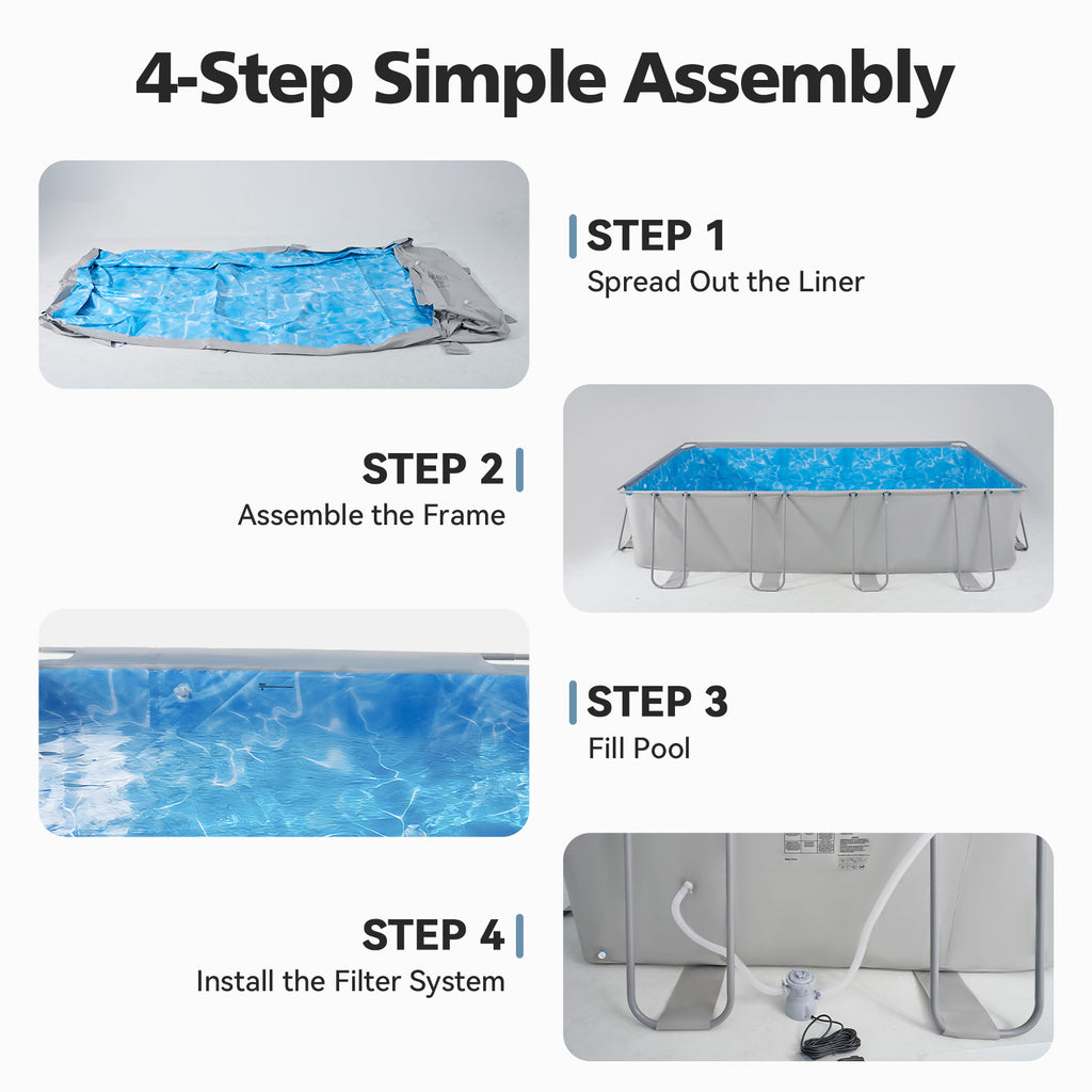 SunSwell 20' x 11' x 47" Rectangular Frame Pool Set with Removable Ladder and Sand Filter Pump, Large Swimming Pool for Backyard and Family, Gray