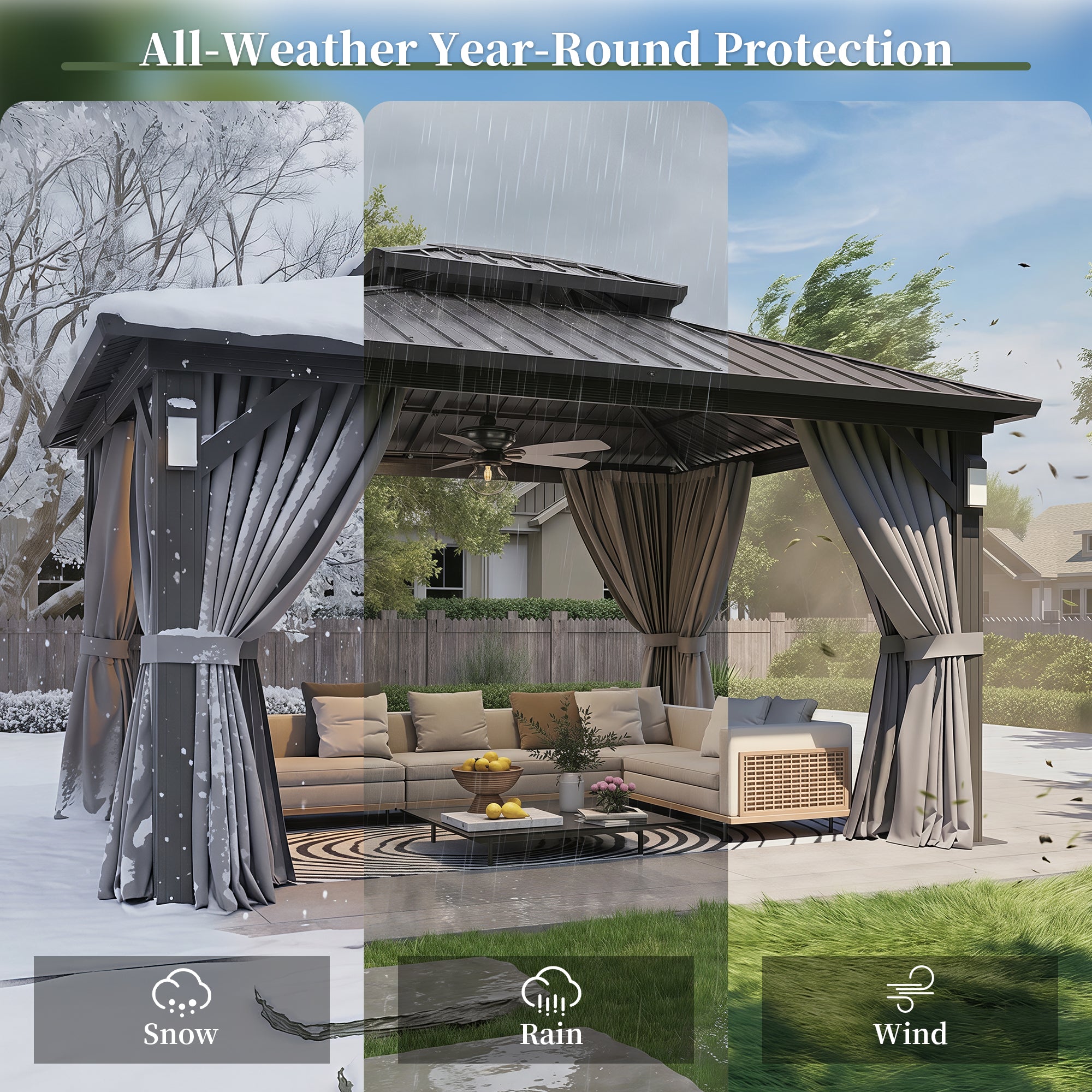Aoxun 10'x12' Hardtop Gazebo with 4 LED Lights, Outdoor Gazebo with Galvanized Steel Double Roof, Patio Gazebo with Breathable Netting & Privacy Curtain, Decor Hooks for Backyard, Gray