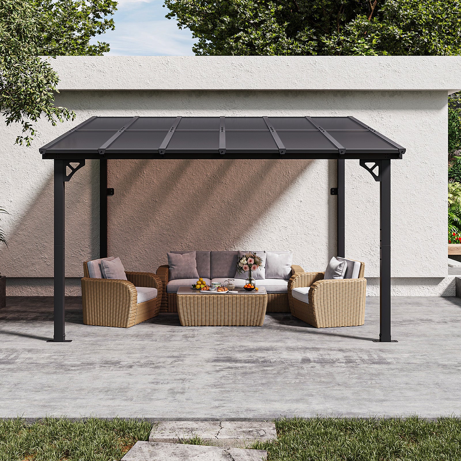 Binplax 12x10 Lean to Gazebo with Polycarbonate Panel Wall Mounted Gazebo with Aluminum Top Frame Awing for Patio, Deck, Garden