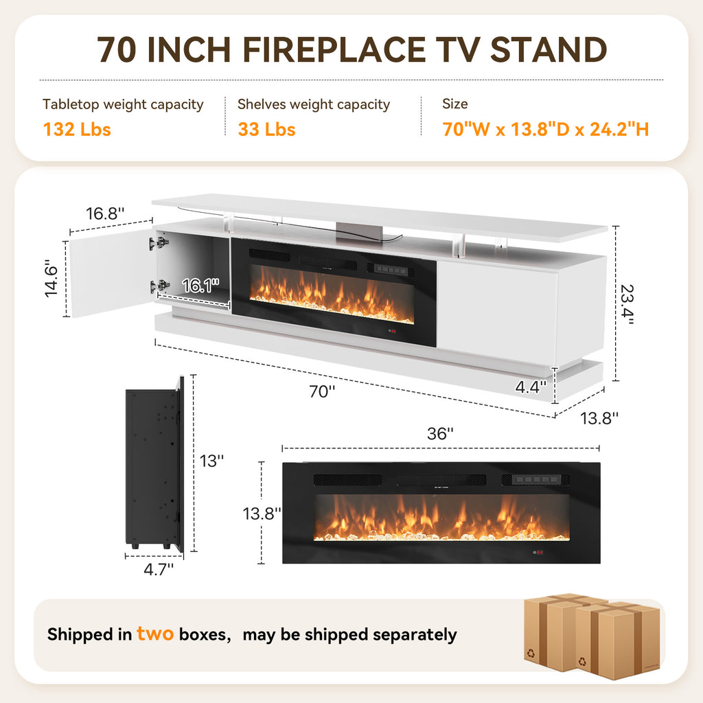 Breezestival 70" Fireplace TV Stand for TVs up to 80", Modern Entertainment Center with Black Fireplace and Storage, White