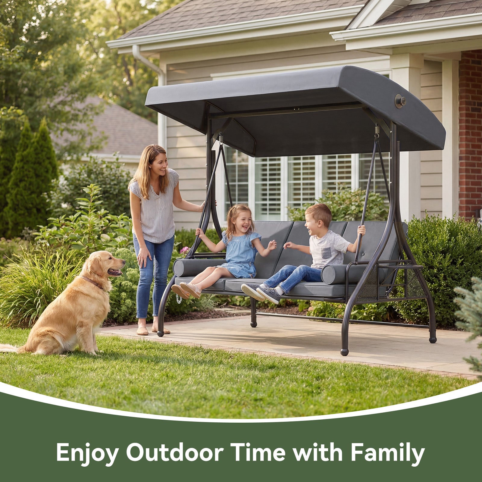 Aoxun Outdoor Porch Swing with Stand and Canopy, 3 Seats Outdoor Swings for Adults, Convertible 2 in 1 Swing Bed with Cup Holder, Patio Swings with Thicken Cushions for Garden, Yard & Balcony