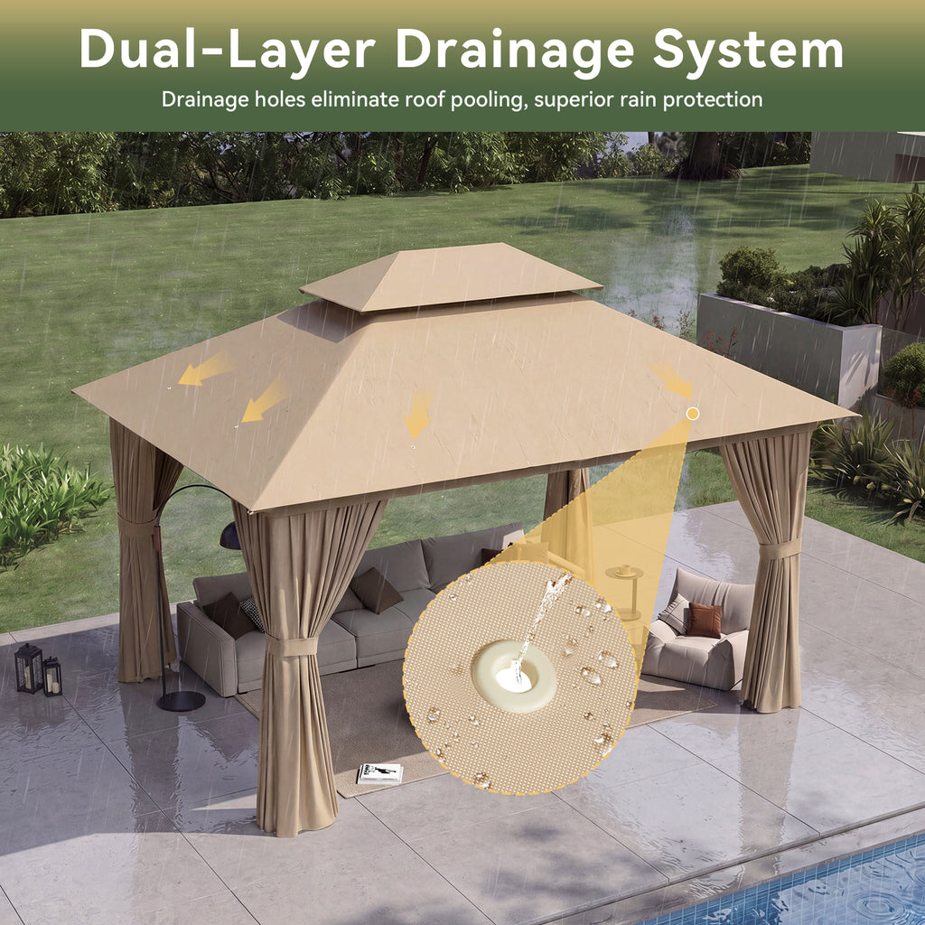 Breezestival 12'x10' Gazebo, Outdoor Gazebo Metal Frame Canopy with Double Roofs, Heavy Duty Patio Tent Shelter with Mosquito Netting and Privacy Screen for Backyard, Beige