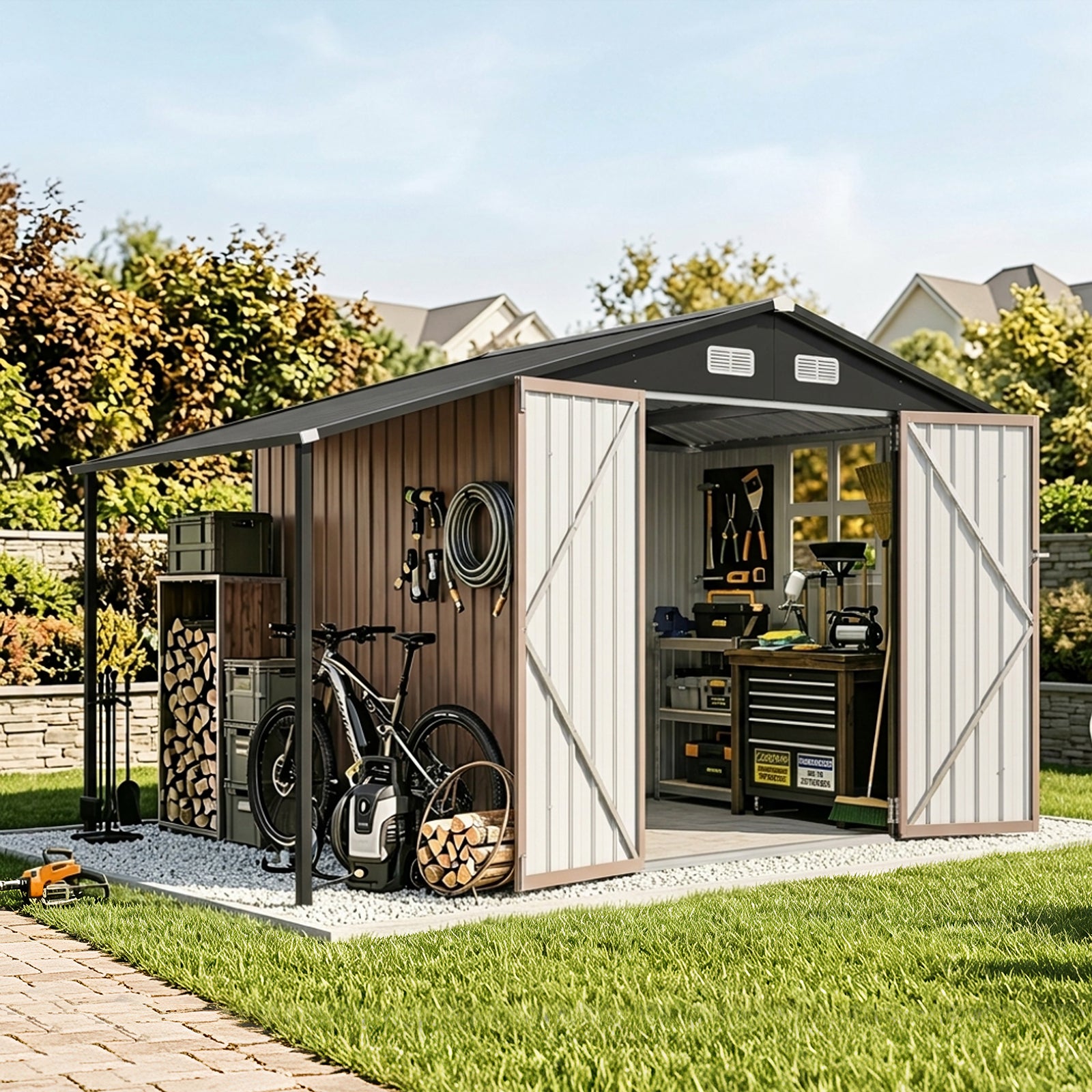 Aoxun  6x10 FT Outdoor Storage Shed Metal Lean to Sheds with Gazebo,Open Firewood Storage,Garden Shed with Lockable Doors,Sloped Roof,Windows, 2 in 1 Large Tool Shed for Patio, Backyard, Lawn