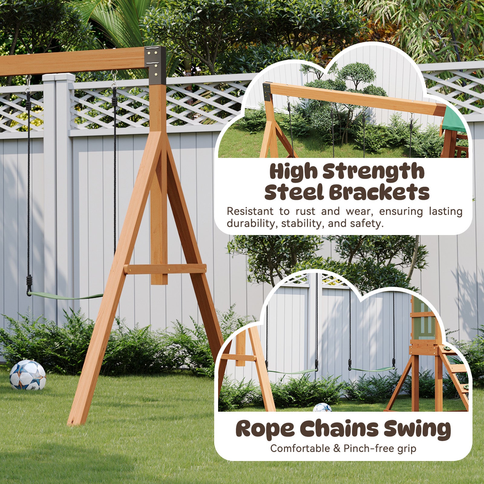 SunSwell Wood Swing Sets for Backyard - Playground Sets for Backyards, Outdoor Playset with Wave Slide, Play Deck, Rock Wall Ladder, Belt Swings, Chalkboard, Canopy Roof
