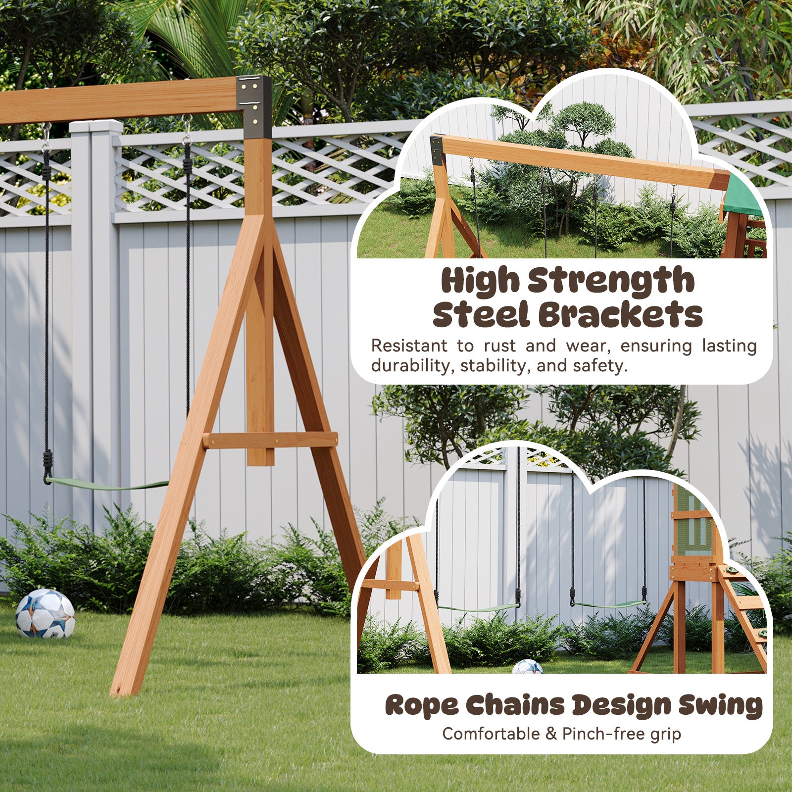 Wooden Swing Sets for Backyard - Playground Sets for Backyards, Kids Outdoor Playset with 6 FT Wave Slide, Play Deck, Rock Wall Ladder, 2 Belt Swings, Chalkboard, Canopy Roof, Green