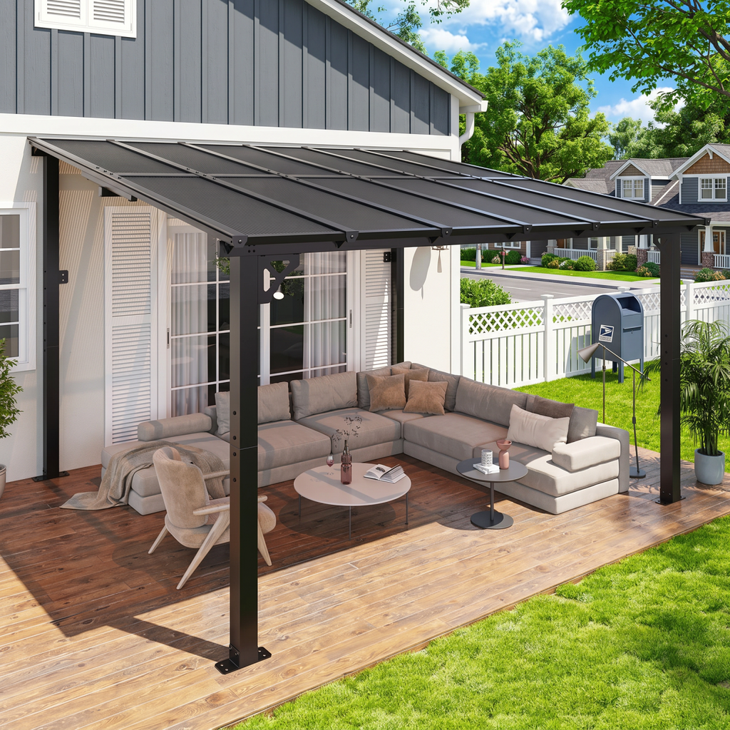 Aoxun 12'x 10' Premium Gazebo with Aluminum Top Frame & Polycarbonate Panel, Wall Mounted Gazebos Pergola, Outdoor Patio Lean to Gazebo, Awnings with Sloped Roof, for Backyard, Porch, Deck, Black