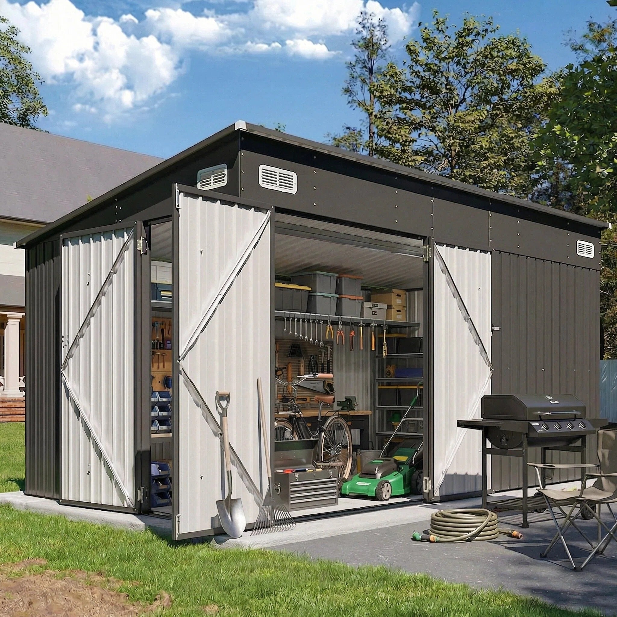 Breezestival 8'x12' Outdoor Lean to Storage Shed with Triple Doors Utility Galvanized Steel Sheds for Vertical Storage, Dual Lock Metal Shed with Sloped Roof for Mower,Bike,Garden Tools (Black)