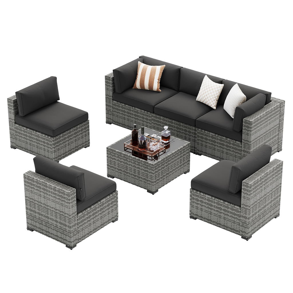 LazySunsets 7-Piece Patio Furniture Set, Wicker Rattan Outdoor Furniture with Thick Cushions, Patio Conversation Sets with Coffee Table, Outdoor Sectional Couch Sofa with Waterproof Cover