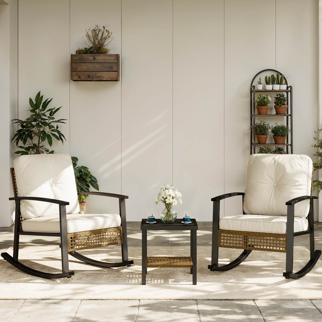 Aoxun 3 Piece Outdoor Rocking Chairs Bistro Set, Rattan Patio Furniture with Thick Cushions & 2-Tier Coffee Table, Patio Rocking Chairs Set of 2 for Garden, Porch