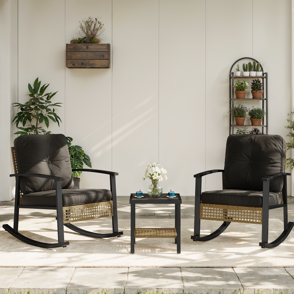 Aoxun 3 Piece Outdoor Rocking Chairs Bistro Set, Rattan Patio Furniture with Thick Cushions & 2-Tier Coffee Table, Patio Rocking Chairs Set of 2 for Garden, Porch