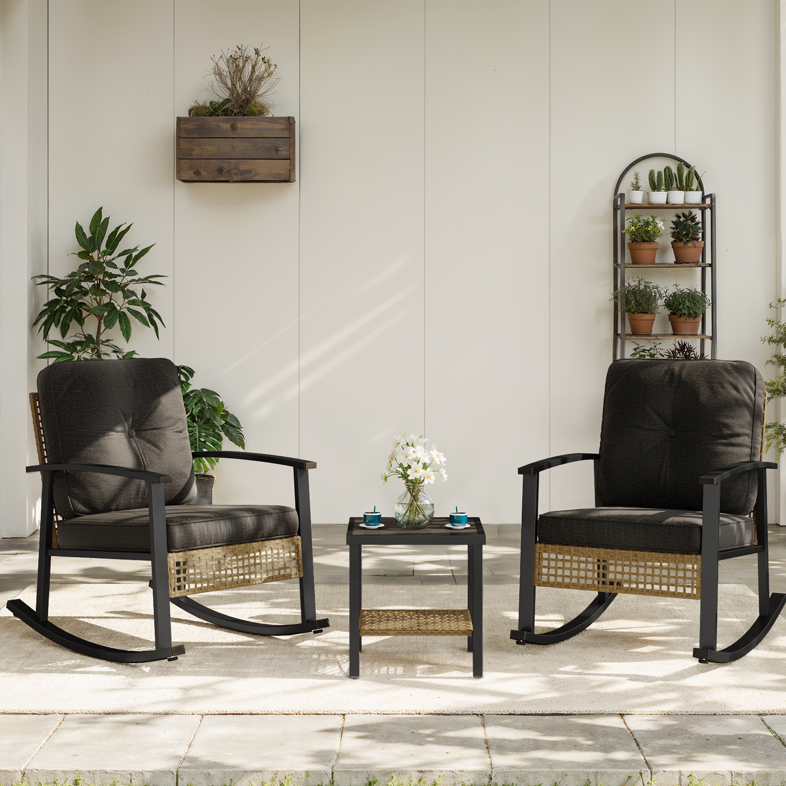 Aoxun 3 Piece Outdoor Rocking Chairs Bistro Set, Rattan Patio Furniture with Thick Cushions & 2-Tier Coffee Table, Patio Rocking Chairs Set of 2 for Garden, Porch