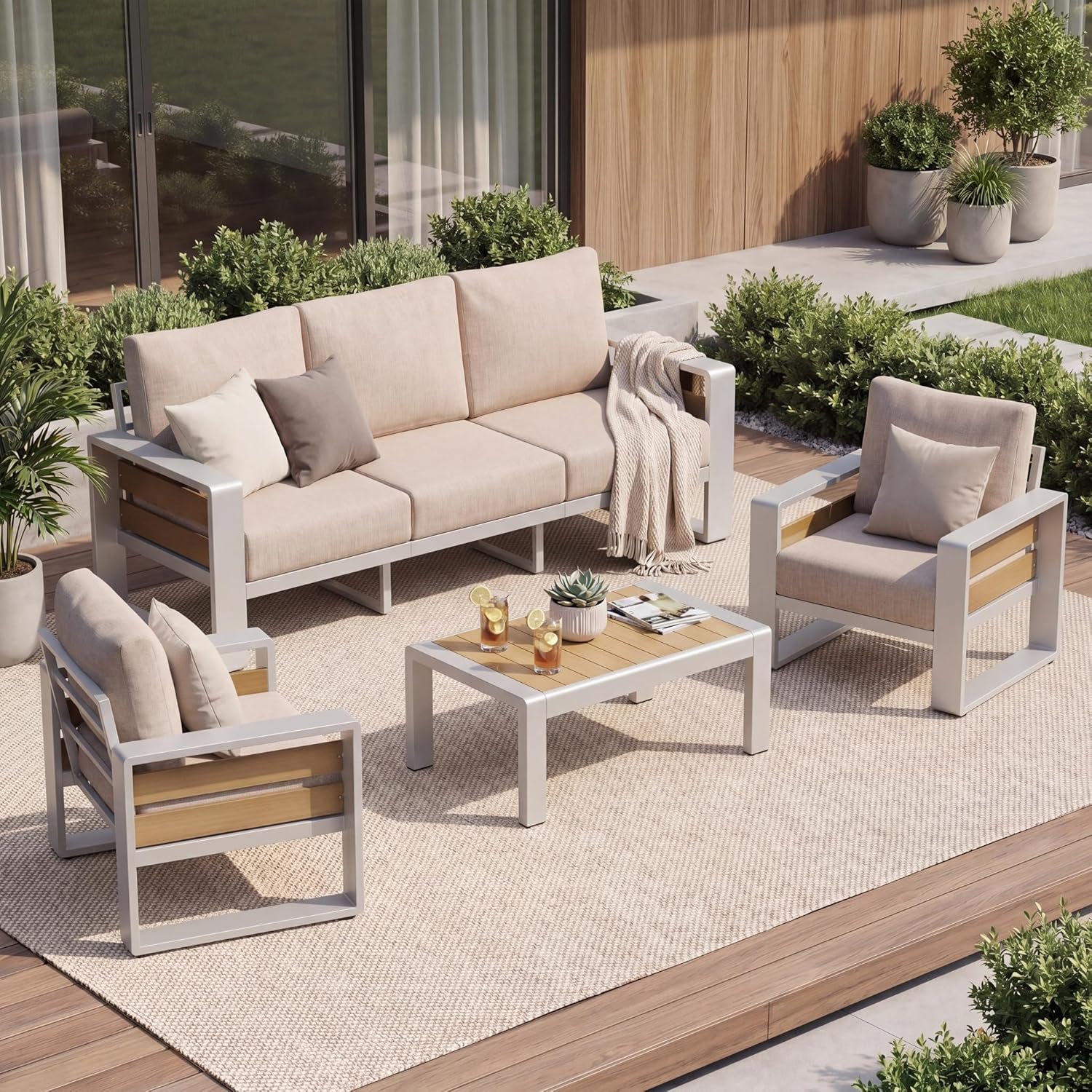 LET'S PATIO Aluminum Patio Furniture Set 7 Seats, Oversized Outdoor Sectional with 5.5" Washable Thick Cushions, Patio Conversation Sets with Coffee Table for Backyard