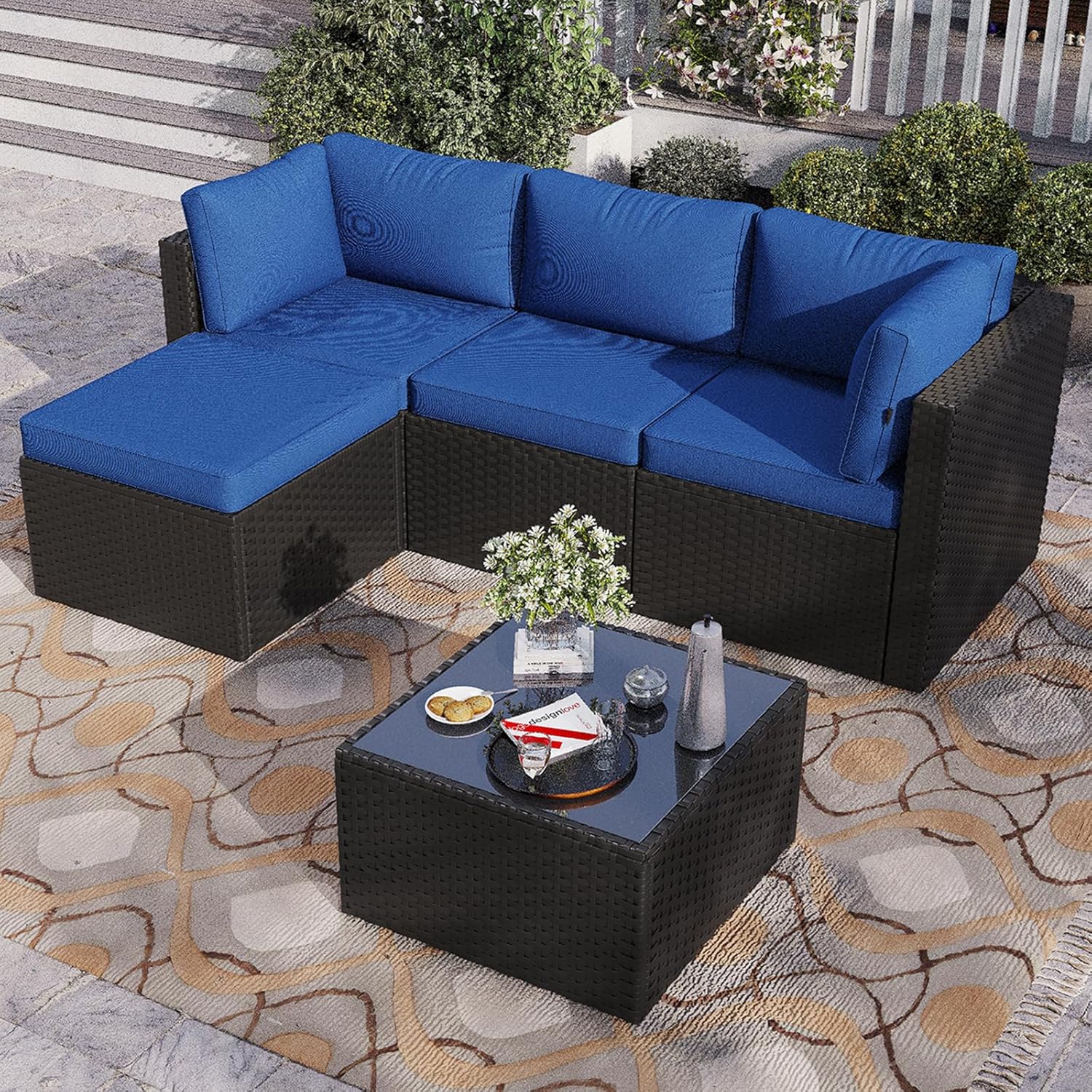 Aoxun Outdoor Patio Furniture Set, 5-Pieces All-Weather Rattan Sectional Sofa Conversation Set with Glass Coffee Table for Backyard Porch Poolside
