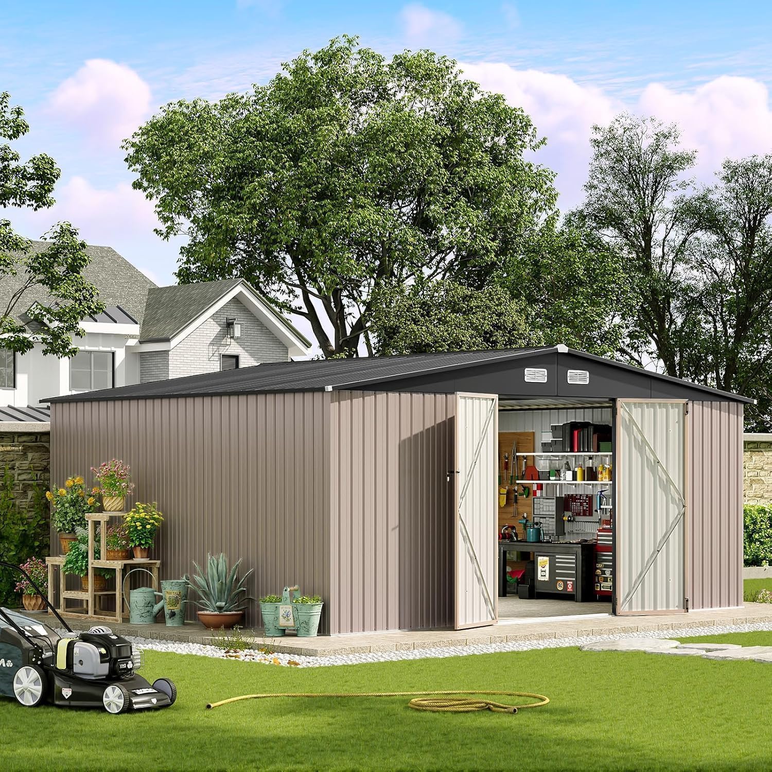 Aoxun 14x12 FT Large Outdoor Storage Shed, Galvanized Metal Shed with 2 Lockable Tall Doors & Sloped Roof, Heavy Duty Utility Tool Storage House for Patio, Garden, Backyard, Lawn (Brown)