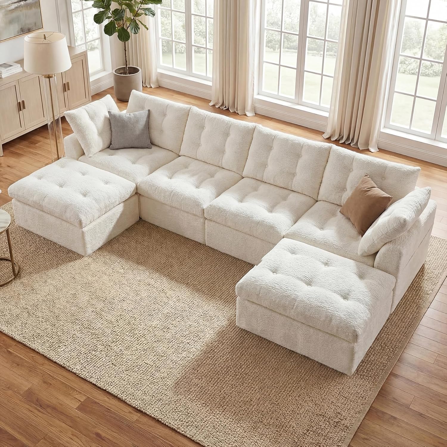 112" Boneless Couch Chenille Cloud Couch Oversized Modular Sectional Sofa with Storage Pockets for Living Room, Bedroom, No Assembly Required, L-Shape with Ottoman+3 Seater (Beige)