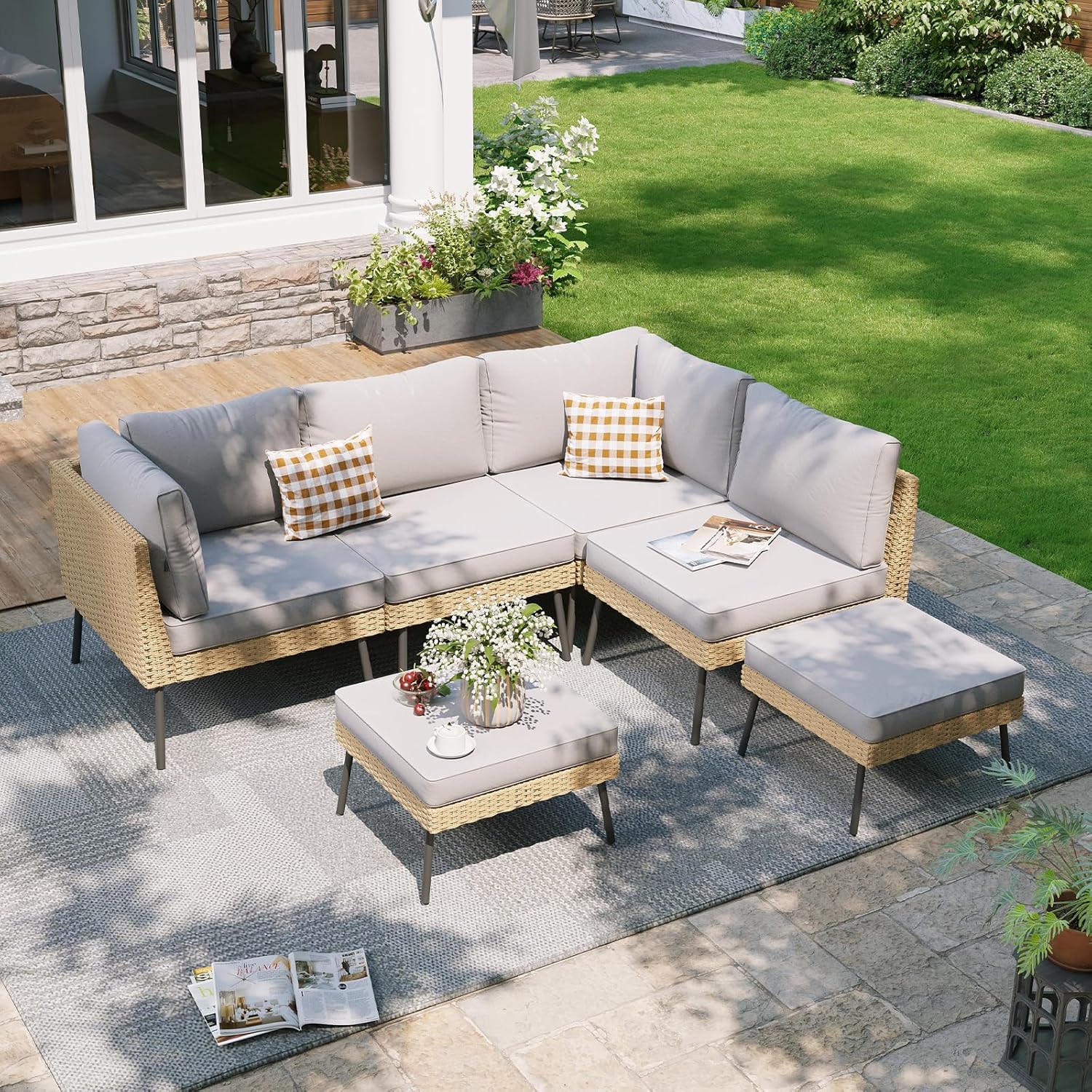 Aoxun 7-Piece Patio Furniture Set, Wicker Outdoor Furniture with Water Resistant Thick Cushions, Patio Conversation Set Outdoor Sectional Sofa with Coffee Table for Backyard Poolside
