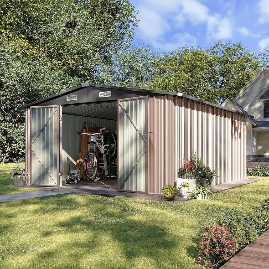 Aoxun 10 x 12FT Outdoor Storage Shed with Double Hinged Large Door Metal Sheds Outdoor Storage for Garden Utility Garden Shed with Lockable Door & Sloped Roof, Backyard, Patio and Backyard, Brown