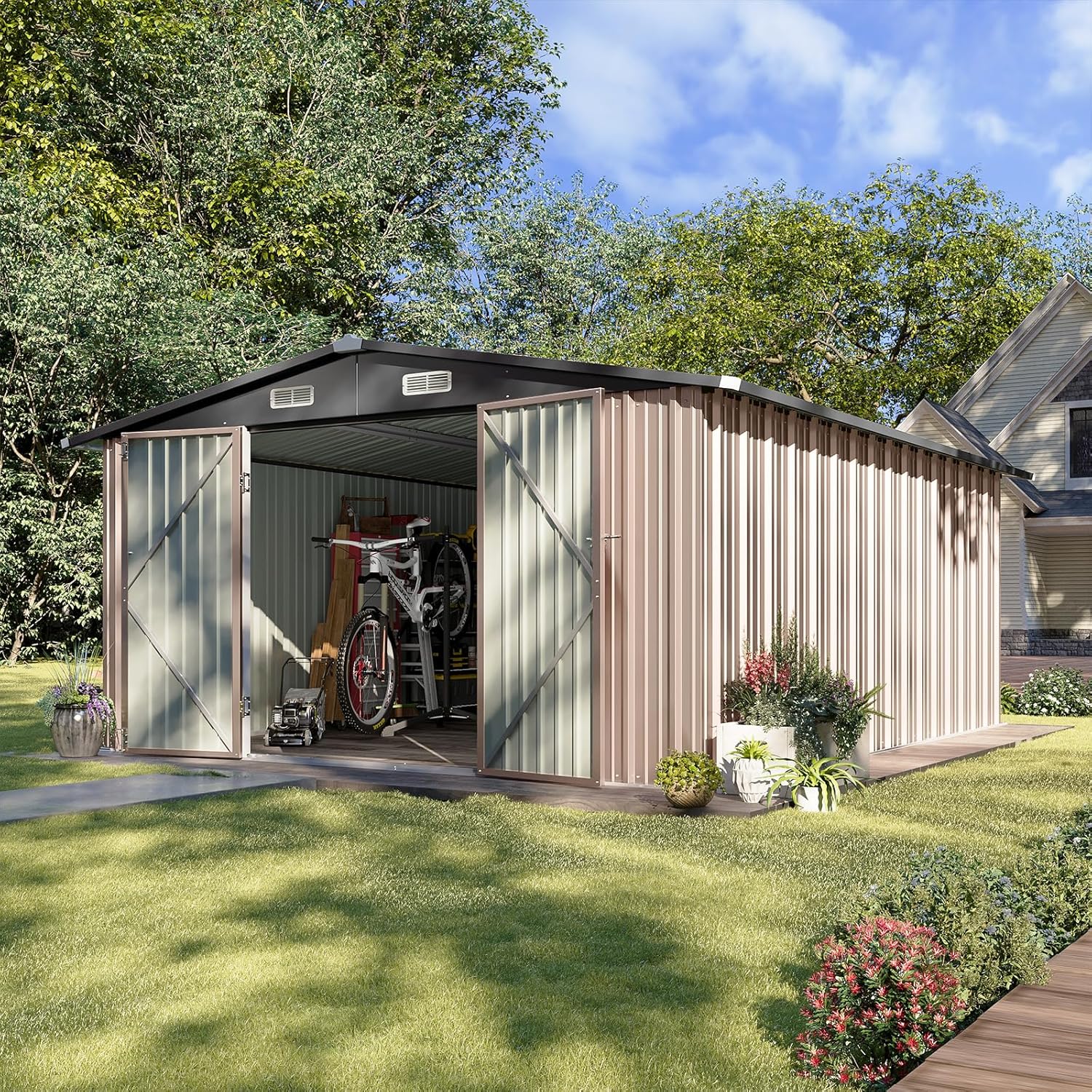 Aoxun 10 x 12FT Outdoor Storage Shed with Double Hinged Large Door Metal Sheds Outdoor Storage for Garden Utility Garden Shed with Lockable Door & Sloped Roof, Backyard, Patio and Backyard, Brown