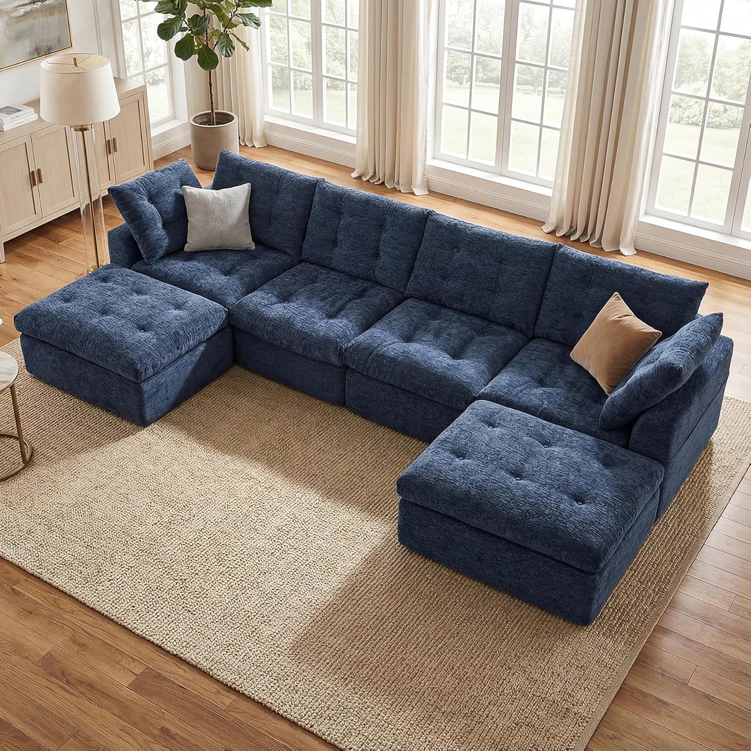 112" Boneless Couch Chenille Cloud Couch Oversized Modular Sectional Sofa with Storage Pockets for Living Room, Bedroom, No Assembly Required, L-Shape with Ottoman+3 Seater (Beige)