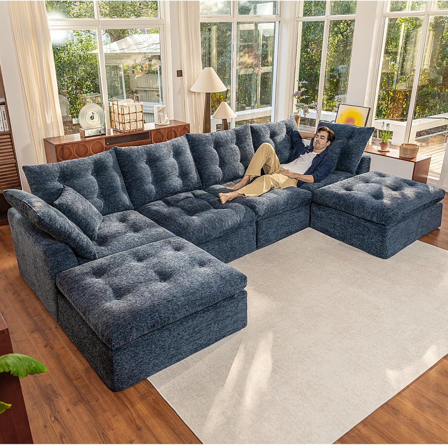 110" Cloud Sectional Couches L-Shaped Modular Boneless Chenille Sofa Couches with Deep Seat Ottoman and Side Pockets, Module Combination for Living Room 3 Seater