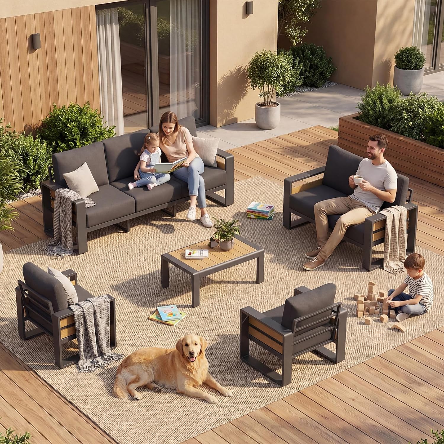 LET'S PATIO Aluminum Patio Furniture Set 7 Seats, Oversized Outdoor Sectional with 5.5" Washable Thick Cushions, Patio Conversation Sets with Coffee Table for Backyard
